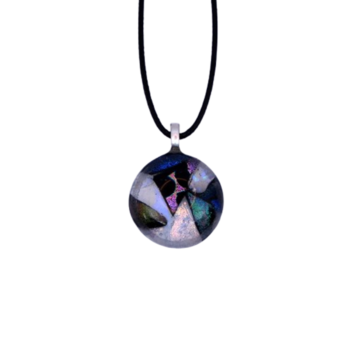  VA260036:  A cabochon-like necklace on a cord, similar to a gemstone but made with Dichroic glass, 2.5cm diameter.   Price: 59€   Click/tap  here  to enquire about this piece.