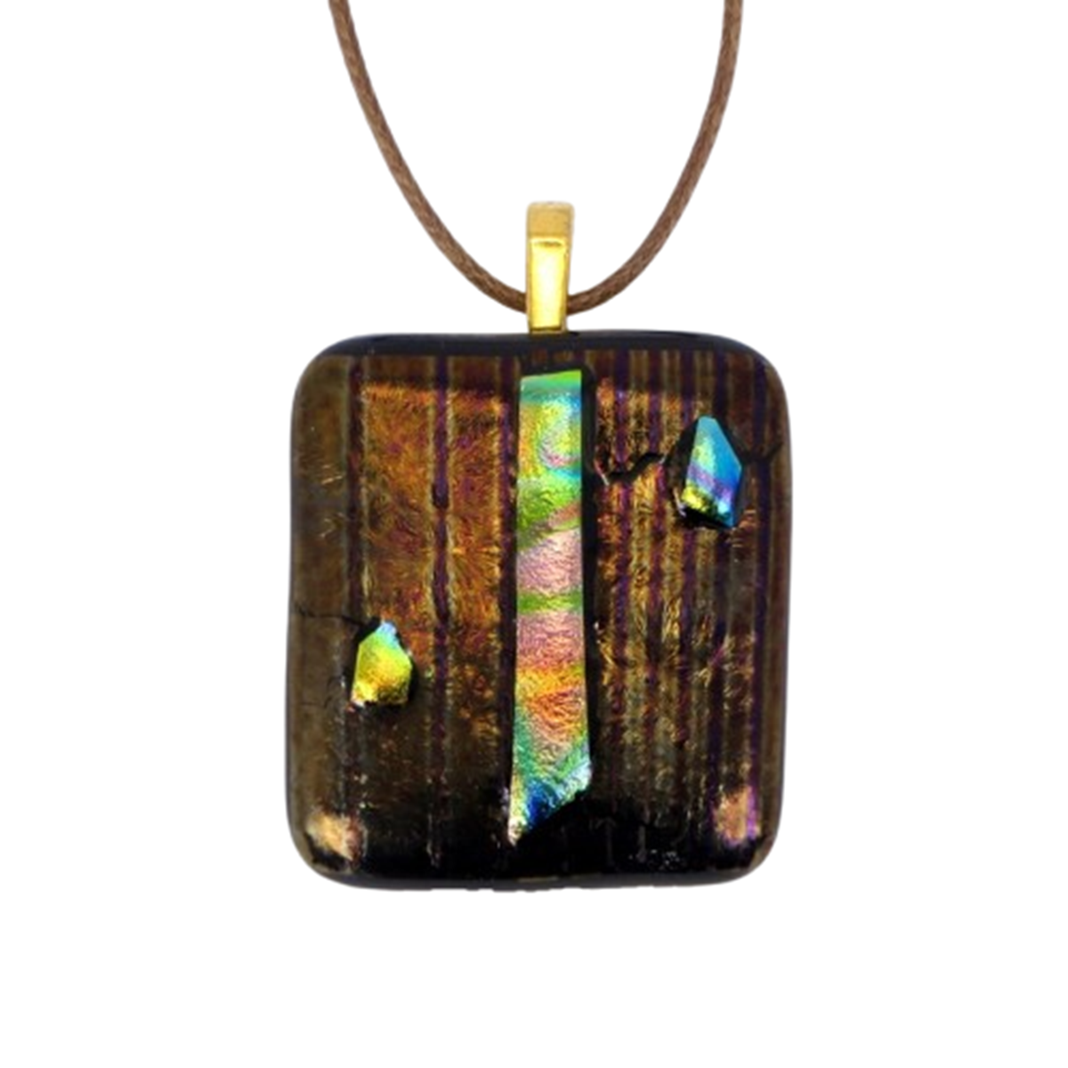  VA260020:  Necklace on cord – Bronze & Purple striped glass with Gold Dichroic detail, 3.5cm x 4cm.   Price: 35€   Click/tap  here  to enquire about this piece.