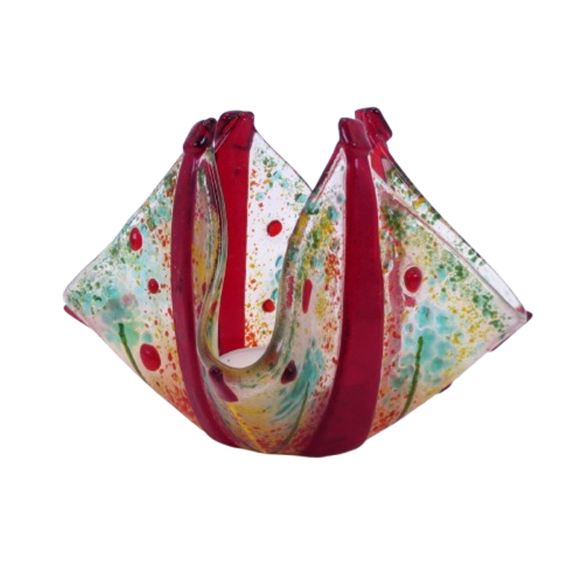 Upright handkerchief-shaped tealight with Green, Red & Yellow glass decoration.