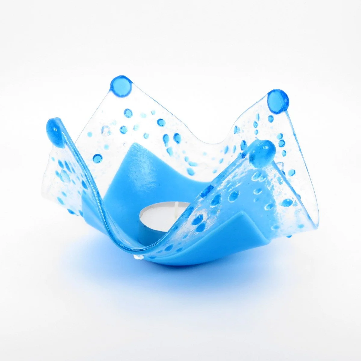  VA260015:  Tealight, Larger-sized handkerchief shape with Turquoise base and Clear/Turquoise beads, 15cm x 15cm.   Price: 59€   Click/tap  here  to enquire about this piece.