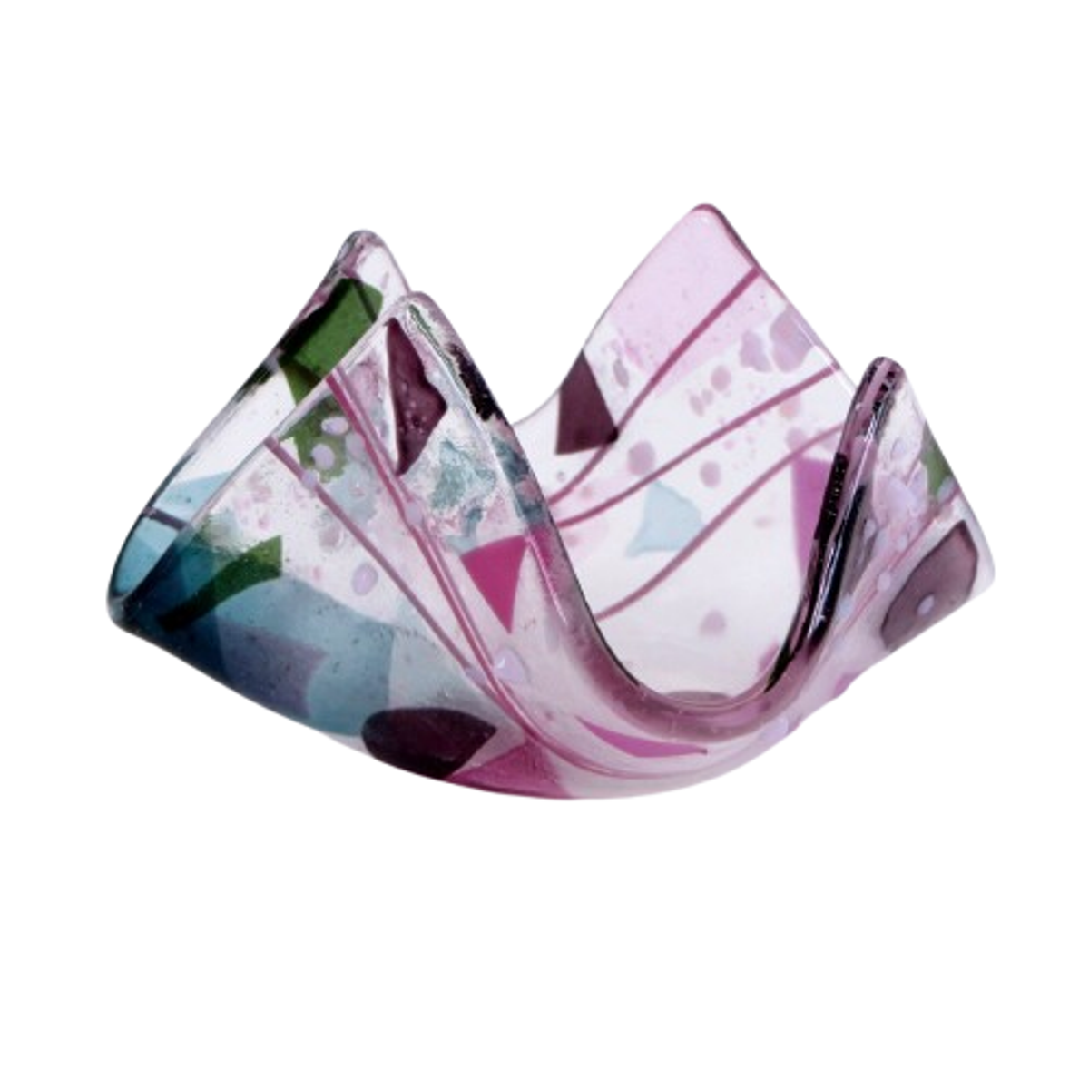  VA260026:  Tealight, Handkerchief shape with Green, Pink & Purple abstract design on clear glass, 6.5cm x 6cm x 5.5cm(H).   Price: 29€   Click/tap  here  to enquire about this piece.