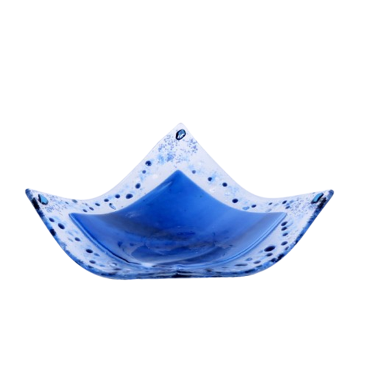  VA260041:  Shallow Dish in a handkerchief shape, made from streaky glass in Royal & Turquoise with a pretty decorative edge – can be used for a tealight, jewellery or sweets, 13cm x 14cm.   Price: 39€   Click/tap  here  to enquire about this piece.