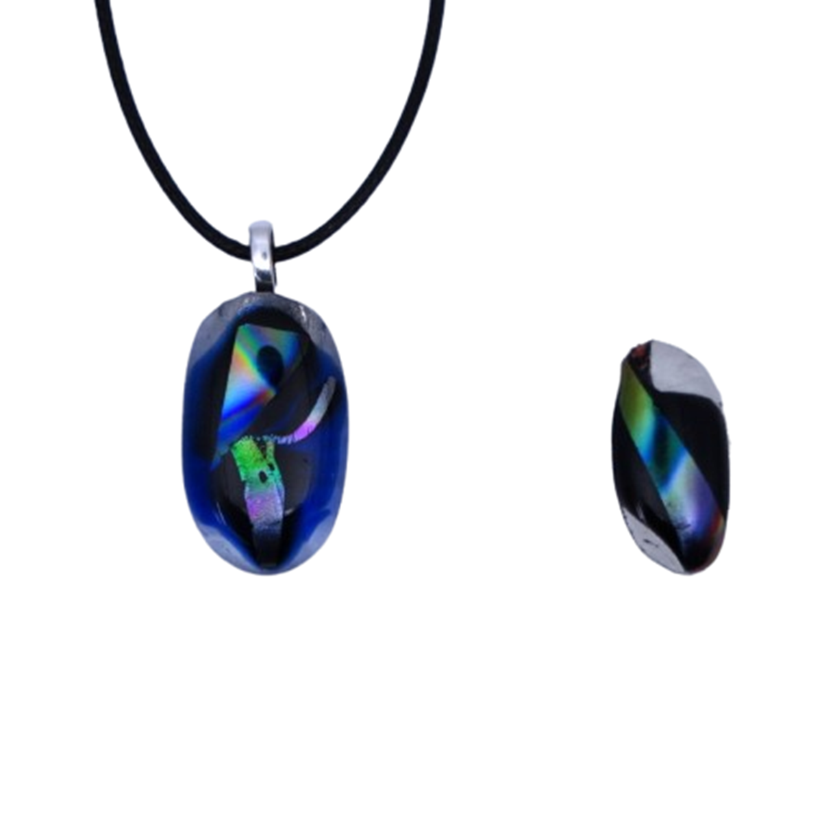  VA260017:  Necklace on cord with matching ring – mix of Clear/Royal glass with additional Dichroic glass colouring – ring base is Sterling Silver and adjustable; necklace 3.5cm x 2cm, ring 2.5cm x 1cm.   Price: Necklace 49€ / Ring 59€ / As a Set 85€