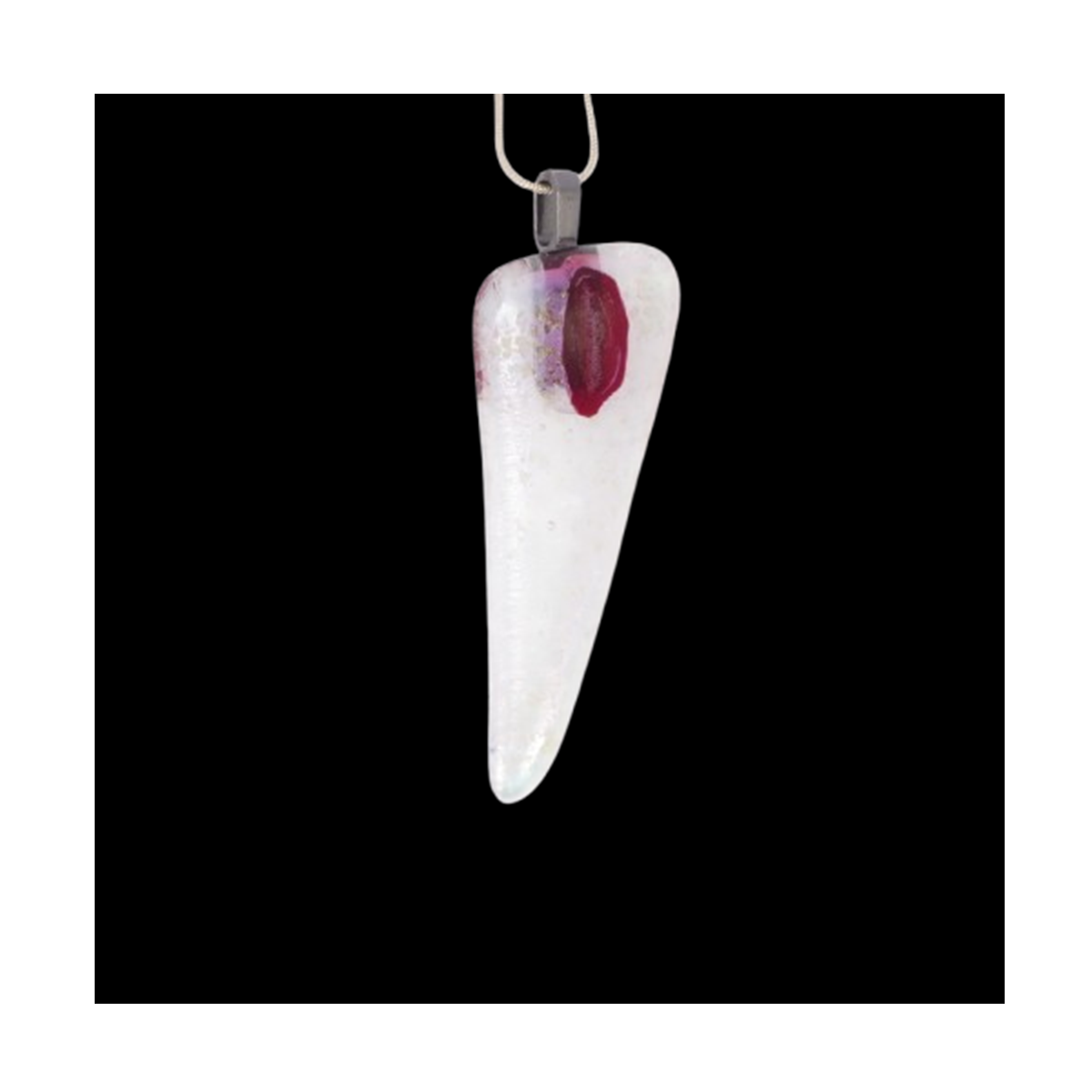  VA260022:  Necklace on chain – Clear Dichroic glass with hints of Lemon & Pink – a striking shape, 2.5cm x 6.5cm.   Price: 39€   Click/tap  here  to enquire about this piece.
