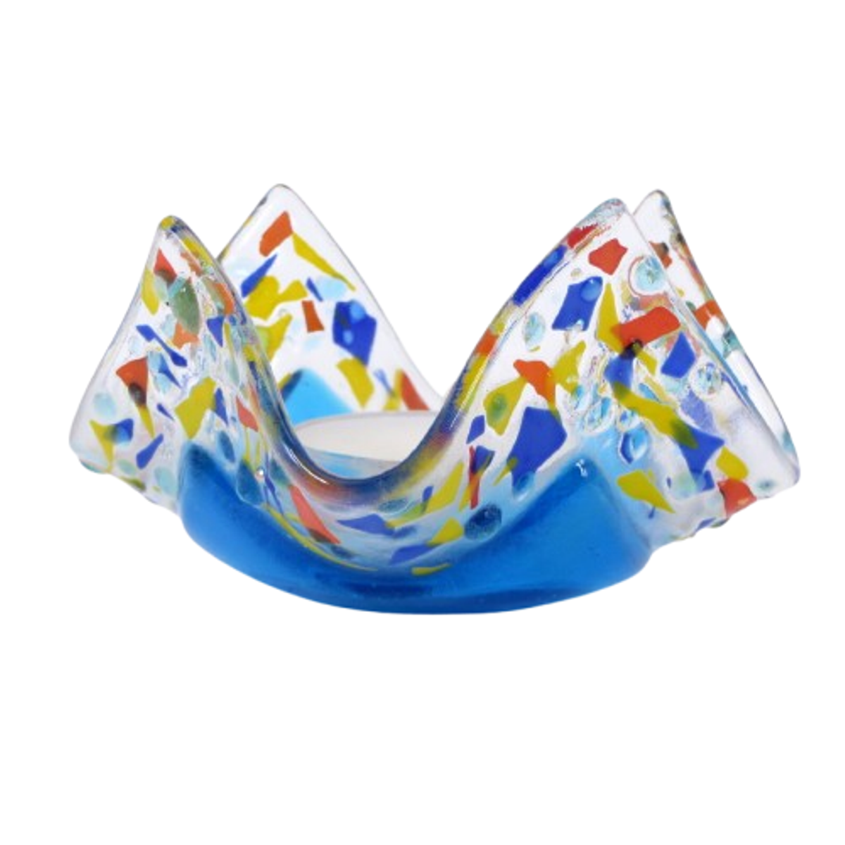 Handkerchief-shaped tealight with Turquoise base and multi-colour design on clear glass.