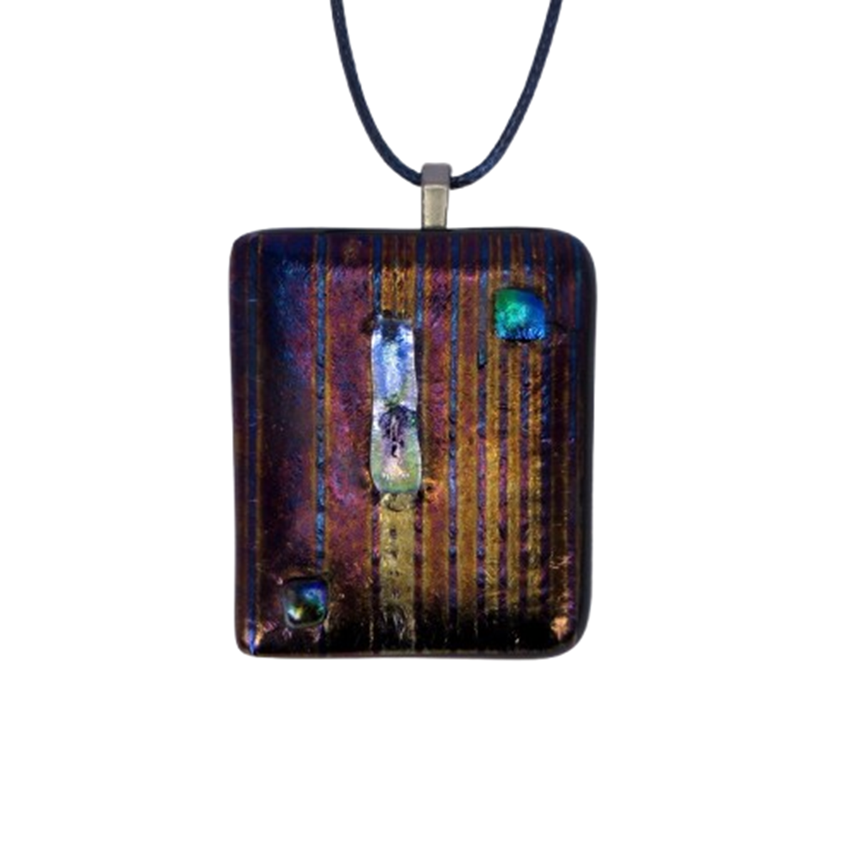  VA260021:  Necklace on cord – Navy & Purple striped glass with Dichroic bead detail, 4cm x 5cm.   Price: 35€   Click/tap  here  to enquire about this piece.