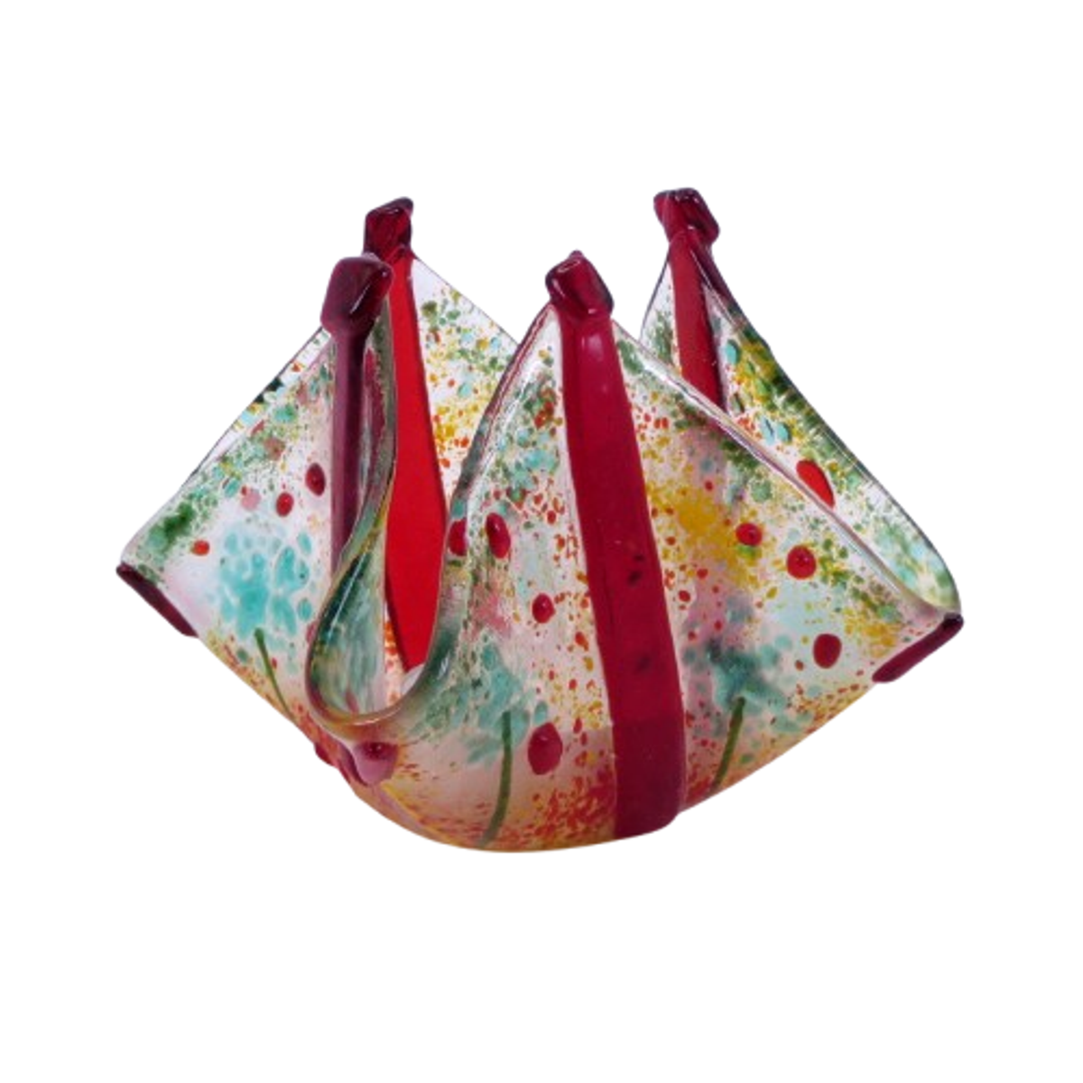 Unique Fused Glass Art - Upright handkerchief shape tealight made with Green, Red & Yellow glass