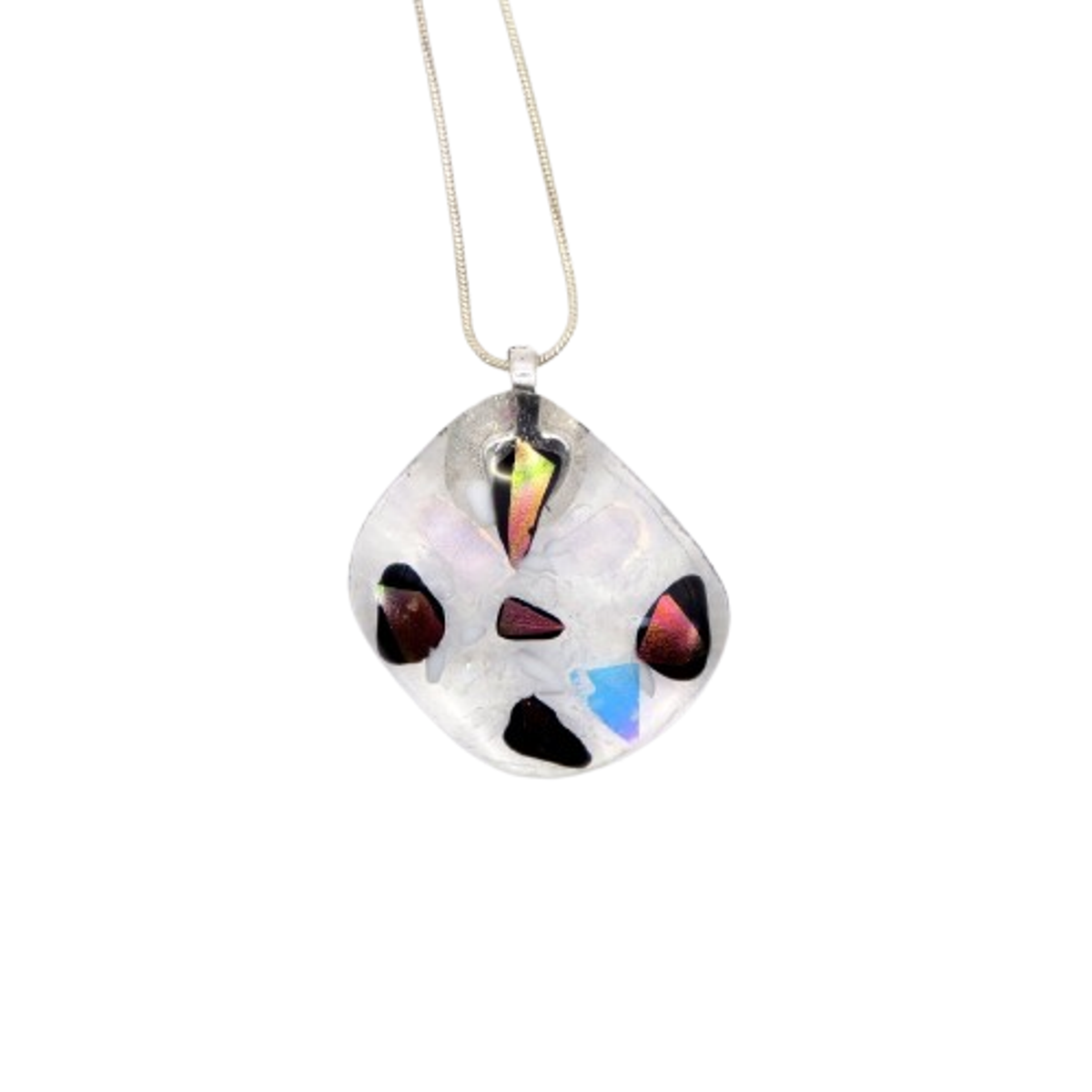 Fused glass necklaces with dichroic shapes.