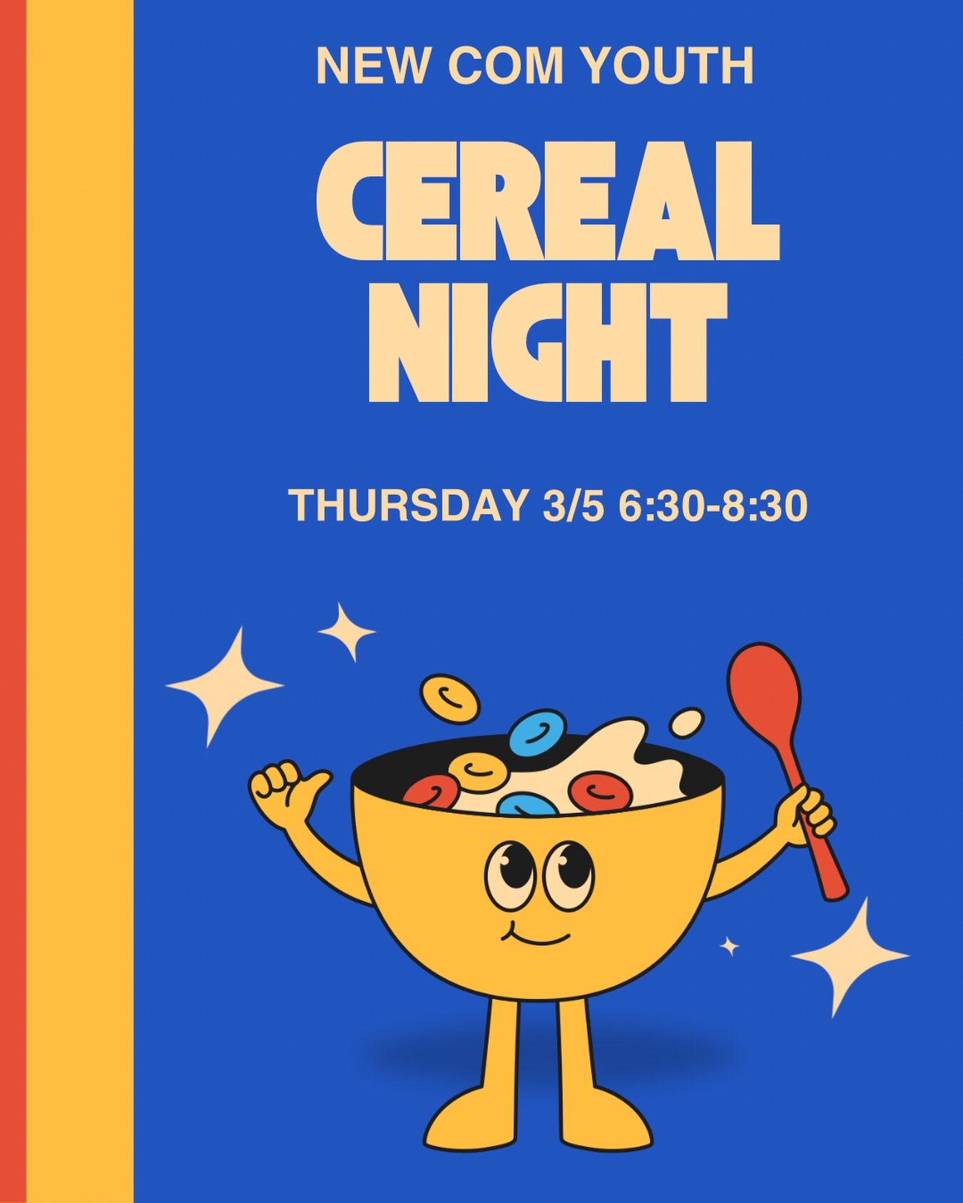 Cereal night tonight! Come enjoy breakfast for dinner! Well hop in Romans and play some silent football too!