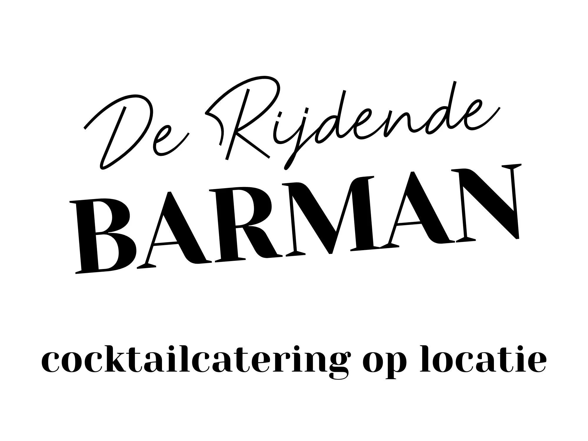 Logo met tekst 'De Rijdende BARMAN' en ondertitel 'cocktailcatering op locatie' in zwart-wit.