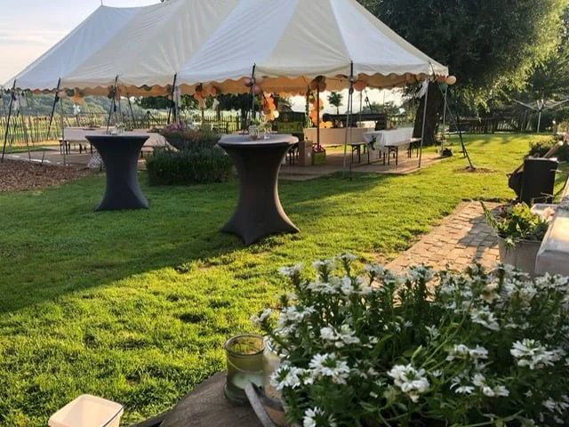 Grote witte feesttent met statafels en tuintafels op een grasveld, decoraties en bloemen, klaar voor een buitenfeest, BBQ op Locatie