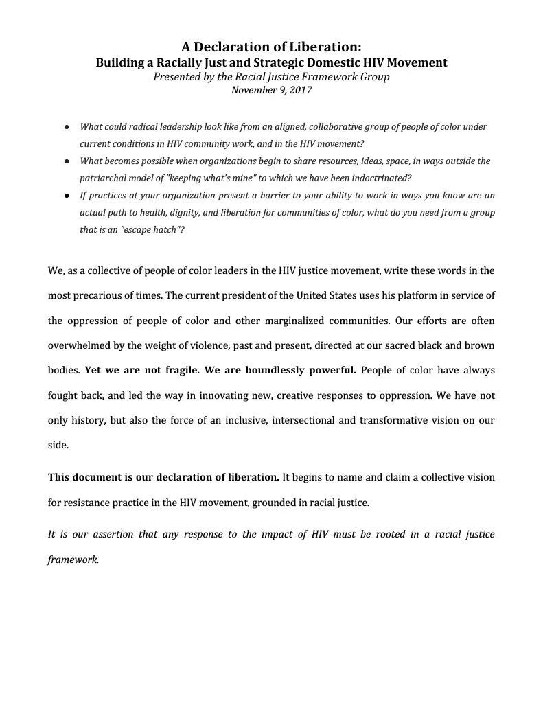A Declaration of Liberation: Building a Racially Just and Strategic Domestic HIV Movement