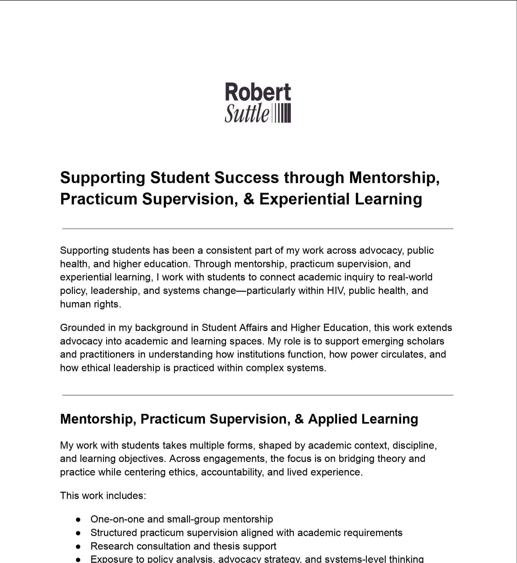 Supporting Student Success through Mentorship, Practicum Supervision, &amp; Experiential Learning