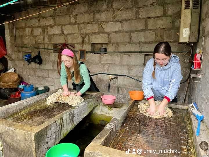 Two young women washing wool by hand in outdoor concrete washbasins