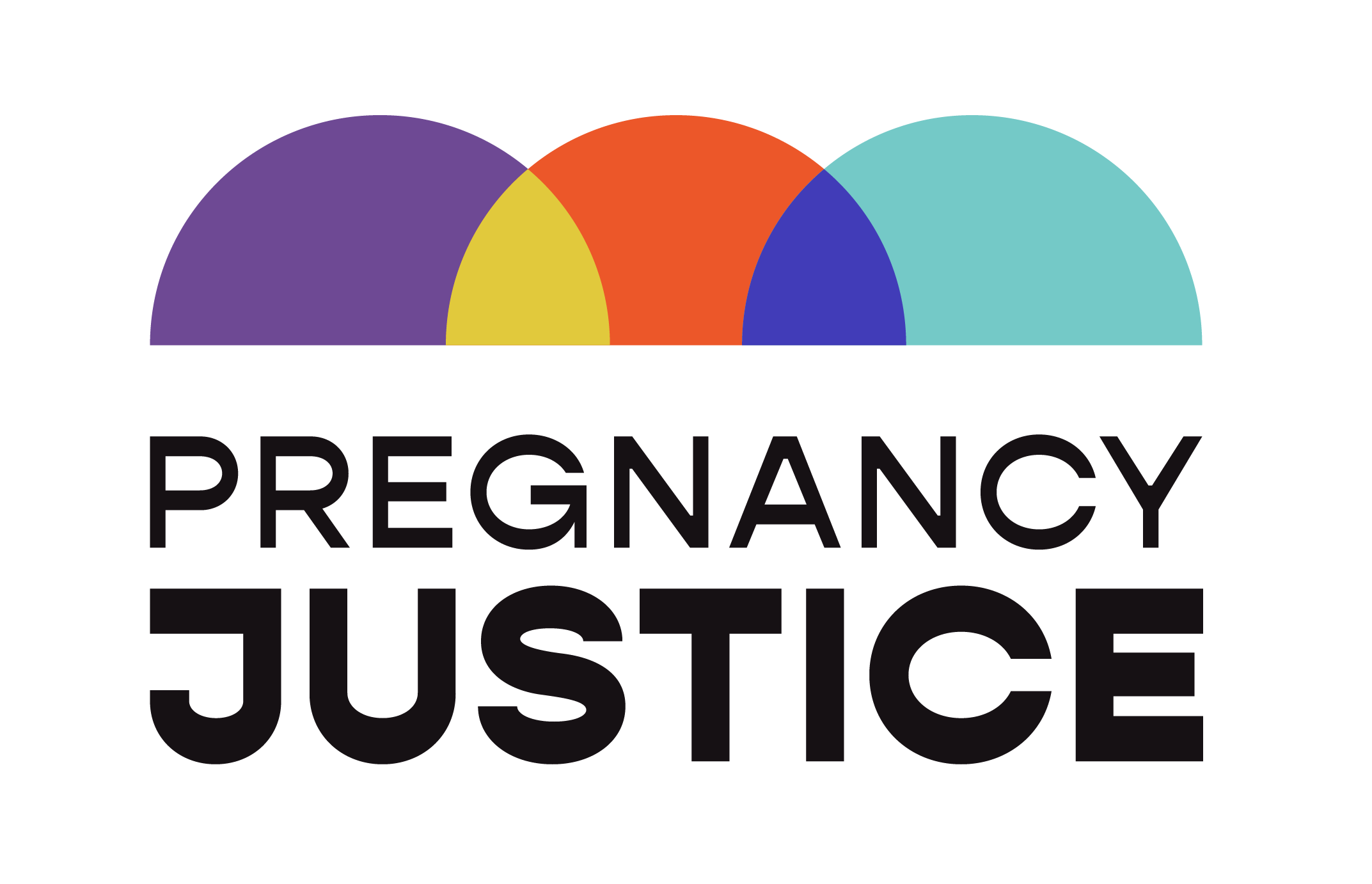 Colorful overlapping arcs forming a rainbow shape with the words 'Pregnancy Justice' underneath.