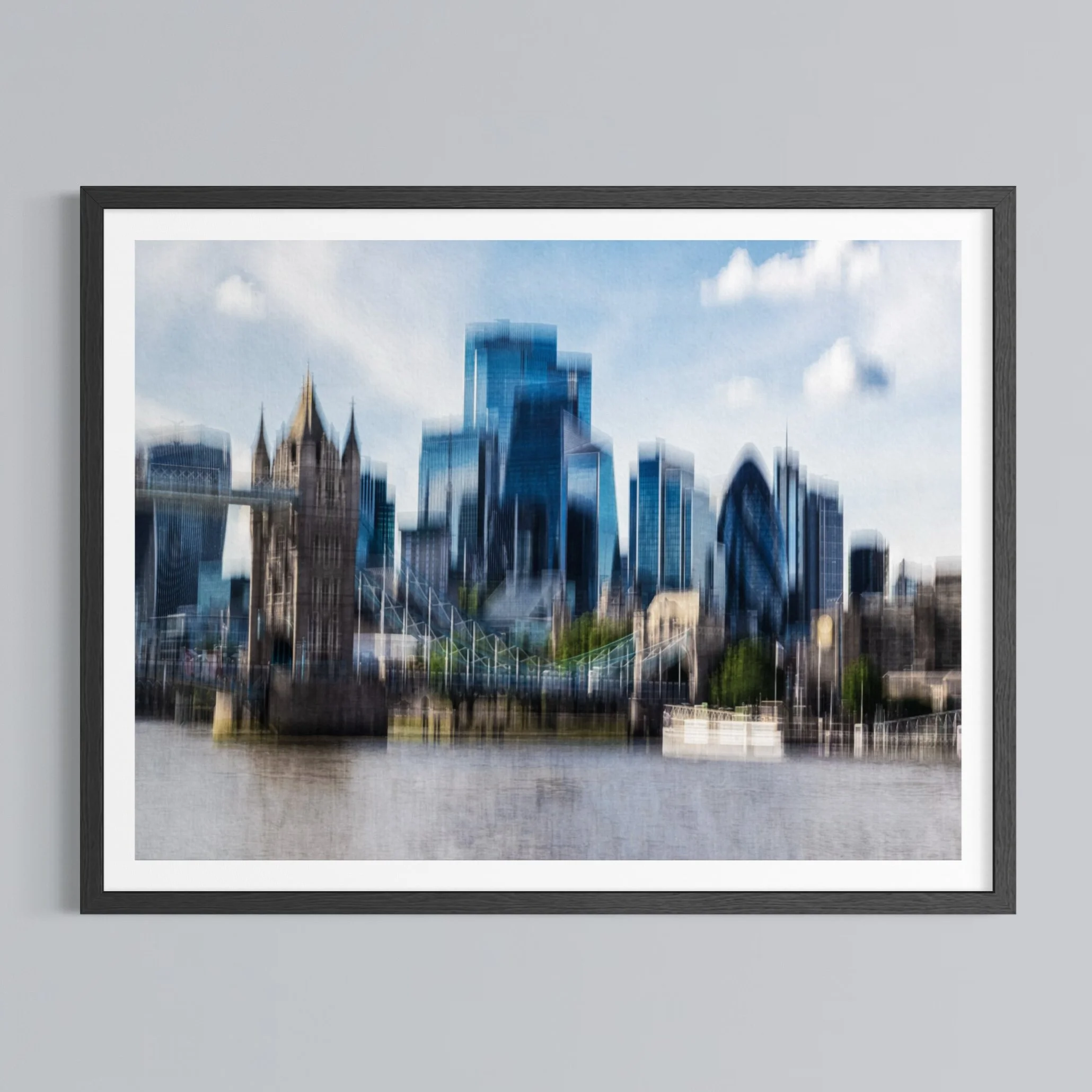 Abstract London fine art print created with ICM photography, featuring Tower Bridge and the modern City skyline.
