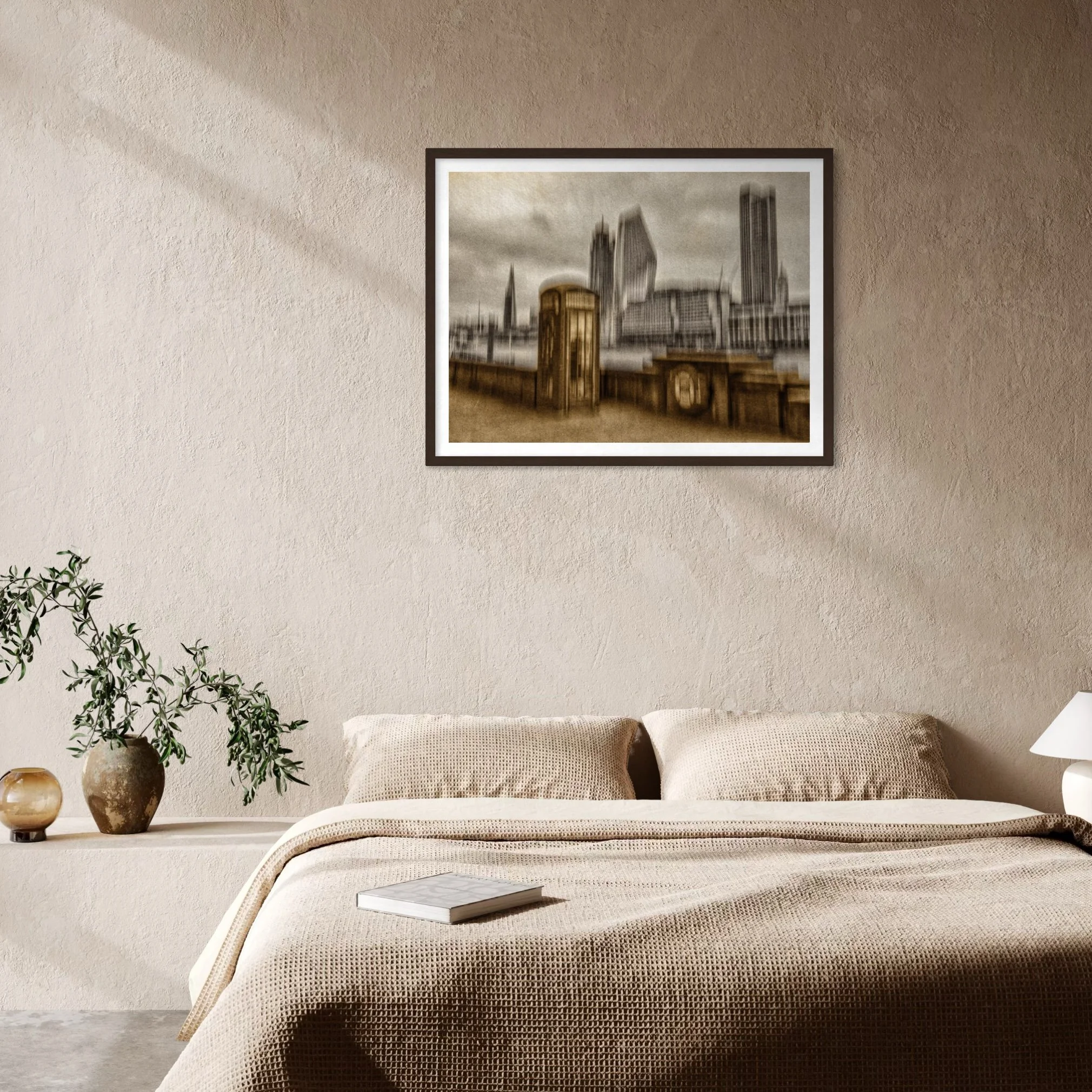 Sand and Grain – Duotone abstract ICM artwork in beige and grey displayed above a neutral textured bed in a warm minimalist bedroom.