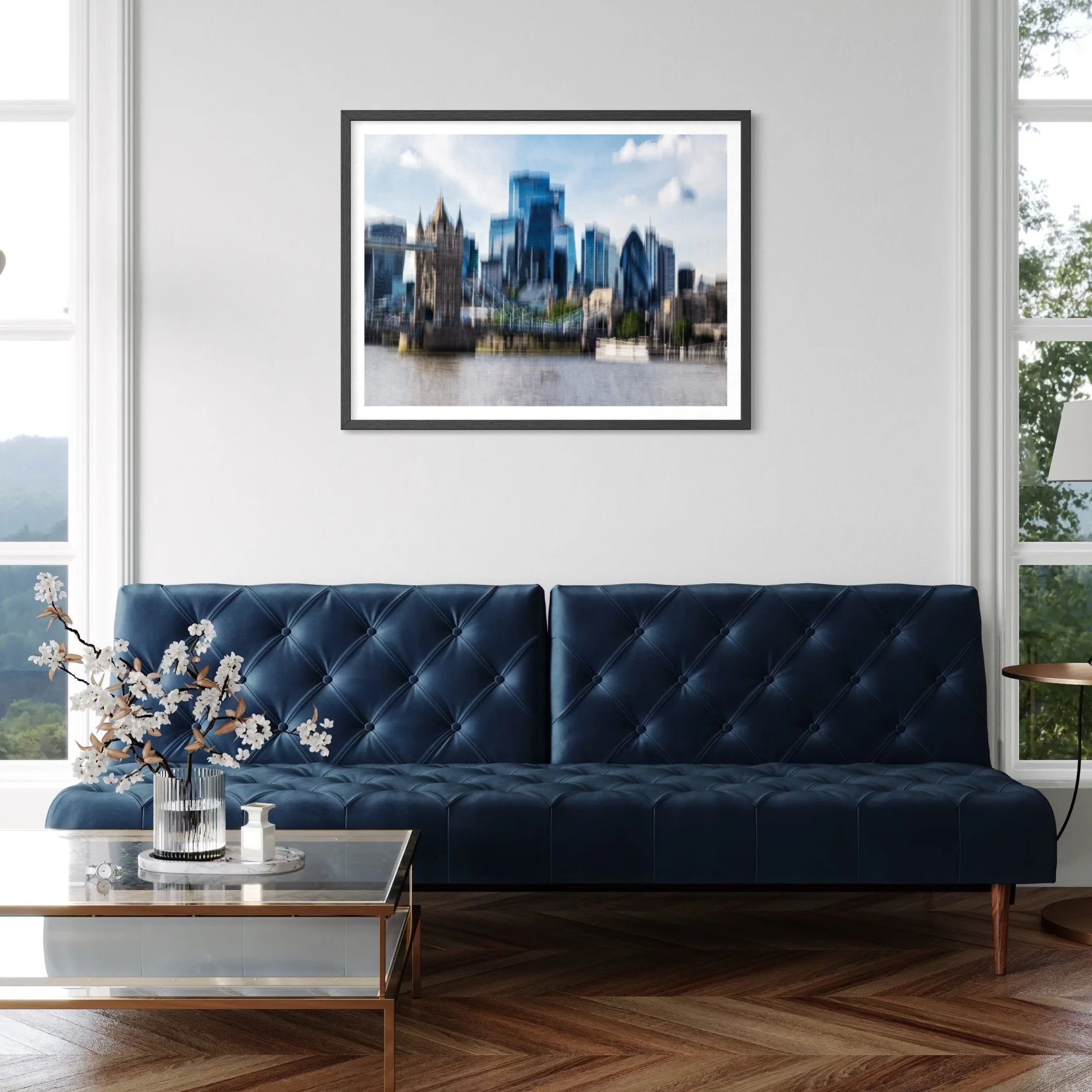 Blue abstract London wall art featuring Tower Bridge and the City skyline in a contemporary living room.