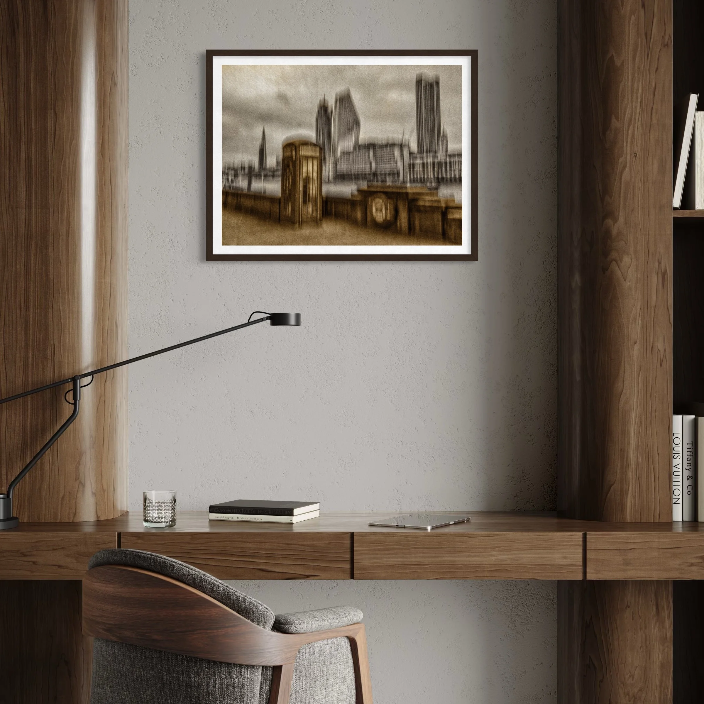 Sand and Grain – Duotone abstract ICM artwork displayed above a walnut desk in a warm contemporary home office with neutral tones.