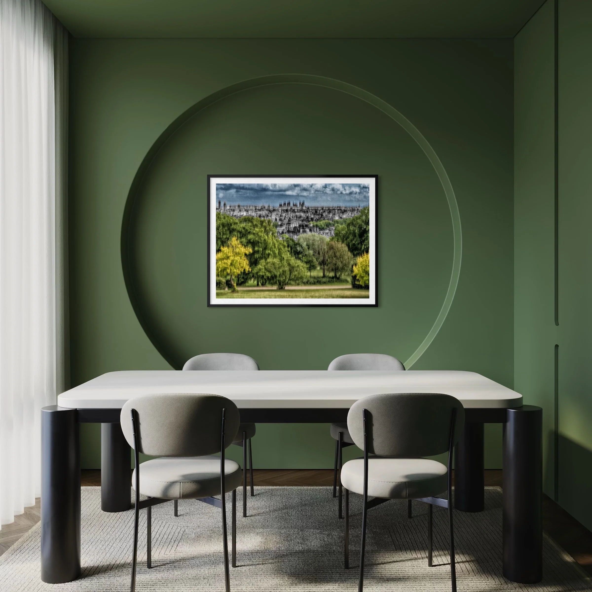 Abstract landscape artwork with green parkland and a distant urban skyline displayed on a dark green dining room wall.