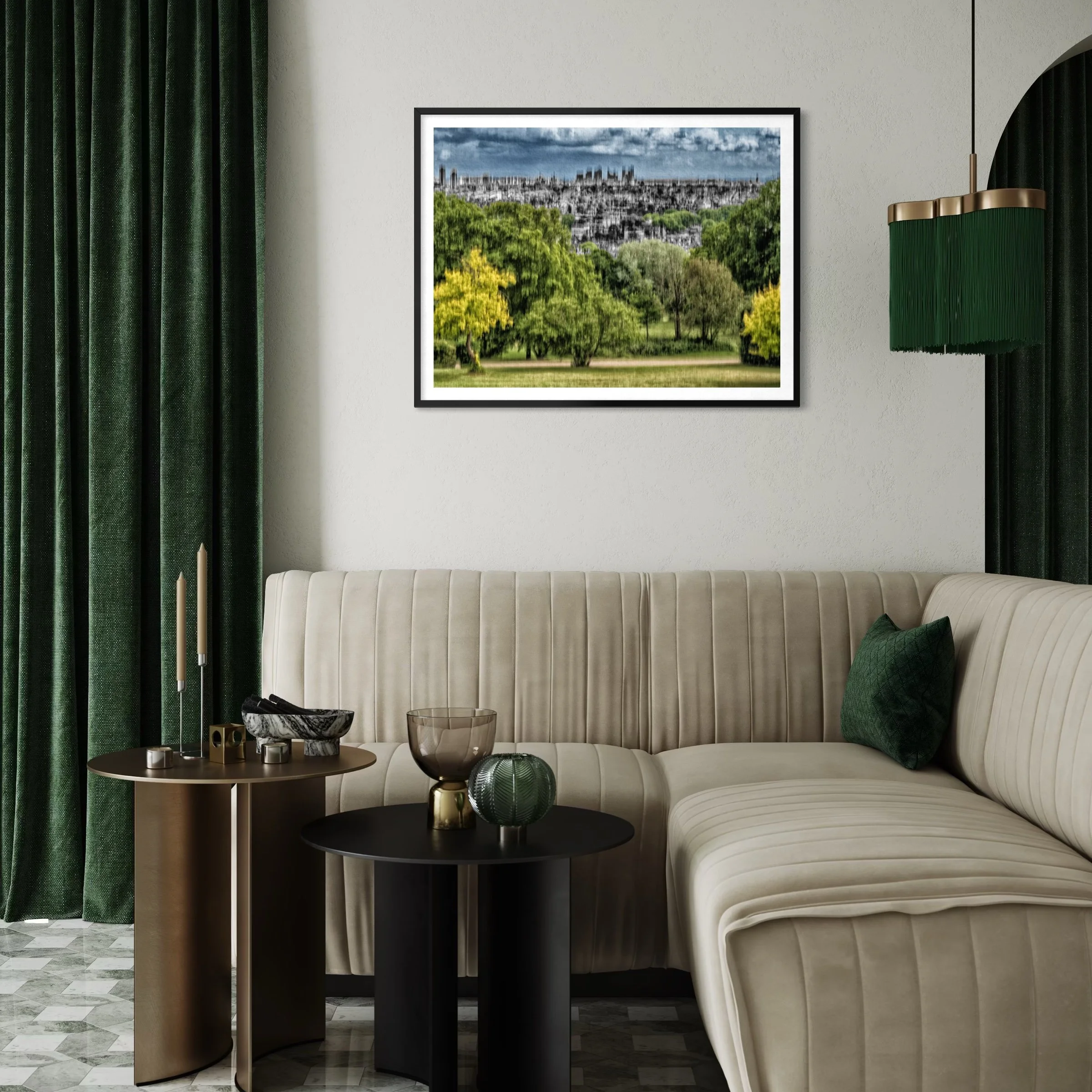 Abstract green landscape artwork with a distant city skyline displayed above a cream sofa with dark green curtains.