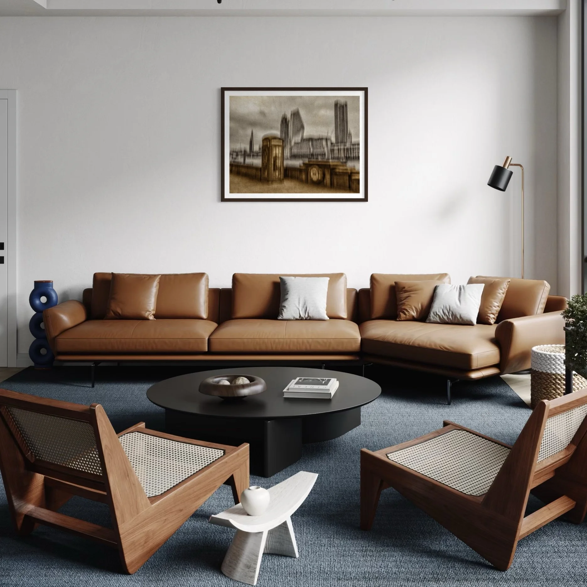Sand and Grain – Duotone abstract ICM artwork in beige and grey displayed above a tan leather sofa in a modern living room.