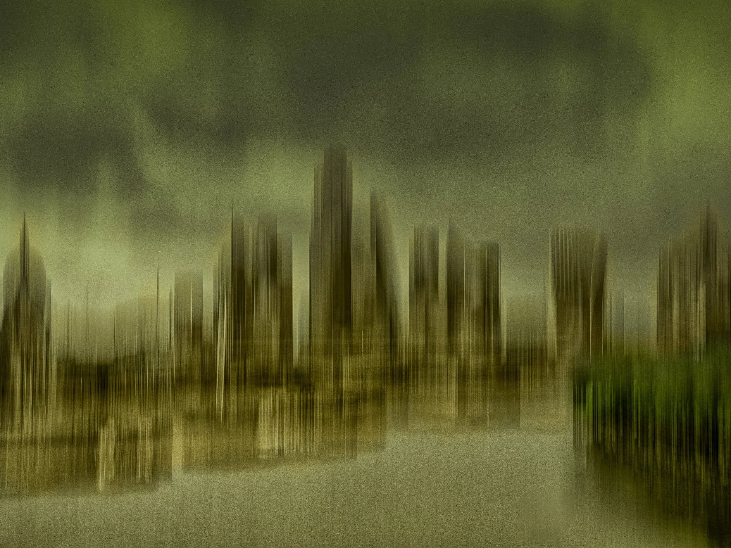 Riverside Olive Skylines – abstract ICM artwork in olive and muted tones, where skyline and river dissolve into motion with textured grain.