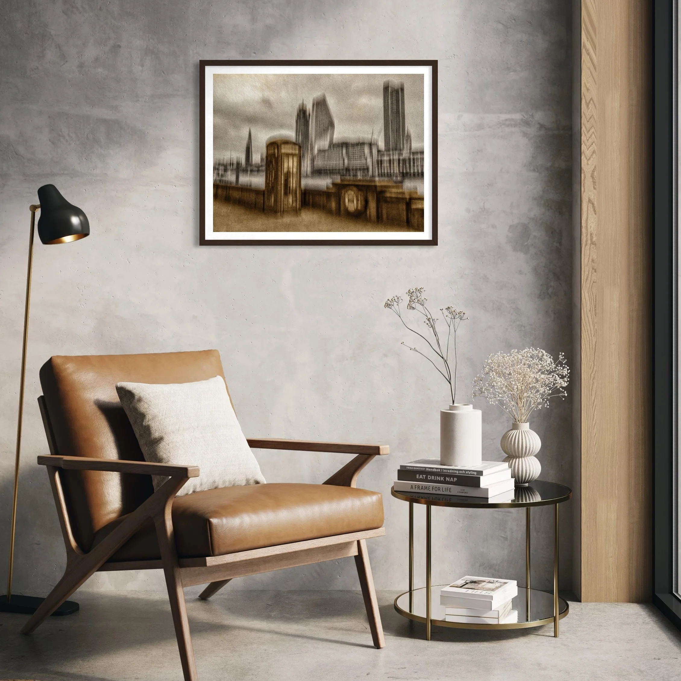Sand and Grain – Duotone abstract ICM artwork displayed above a tan leather chair in a warm contemporary reading corner.