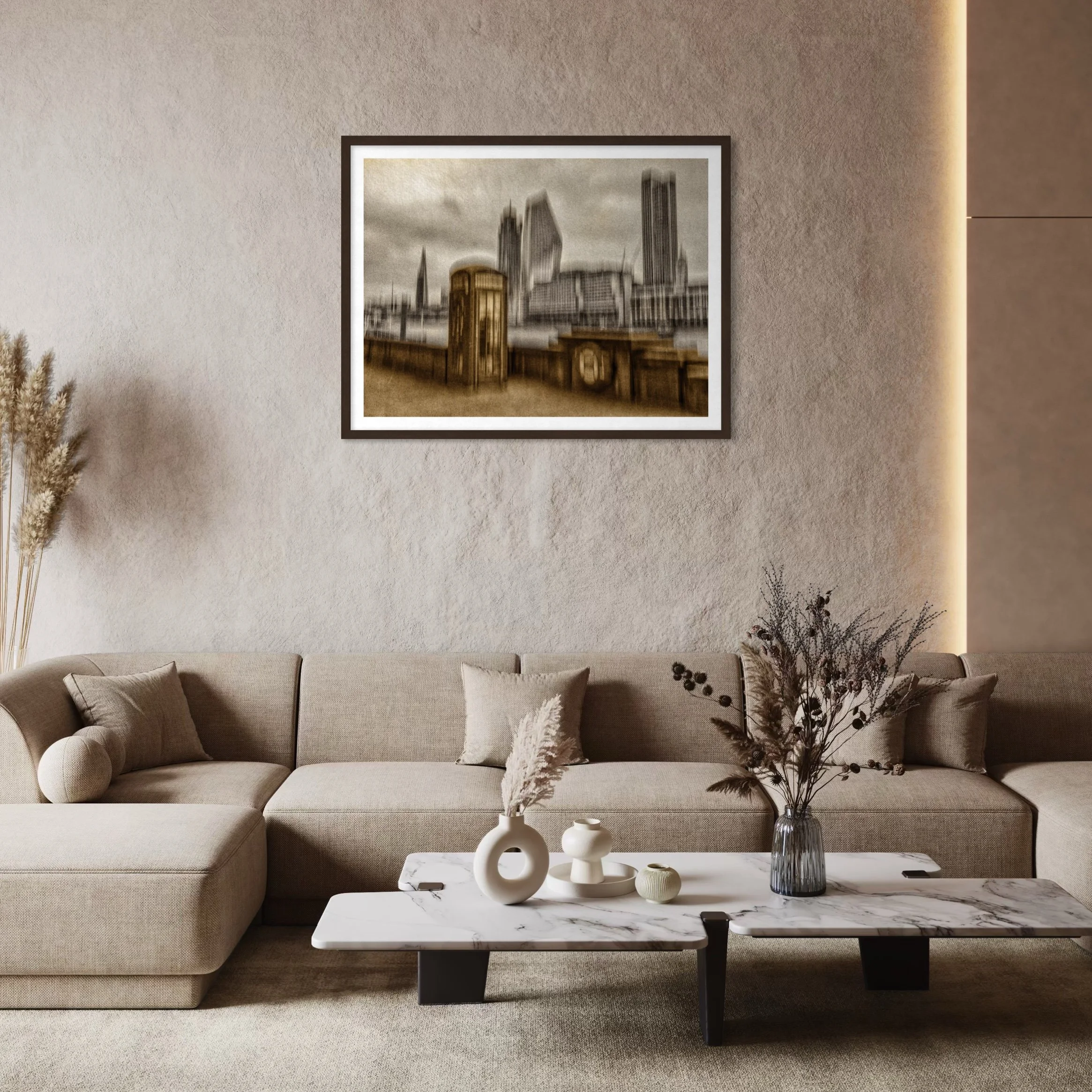 Sand and Grain – Duotone abstract ICM artwork displayed above a beige sectional sofa in a warm contemporary living room.
