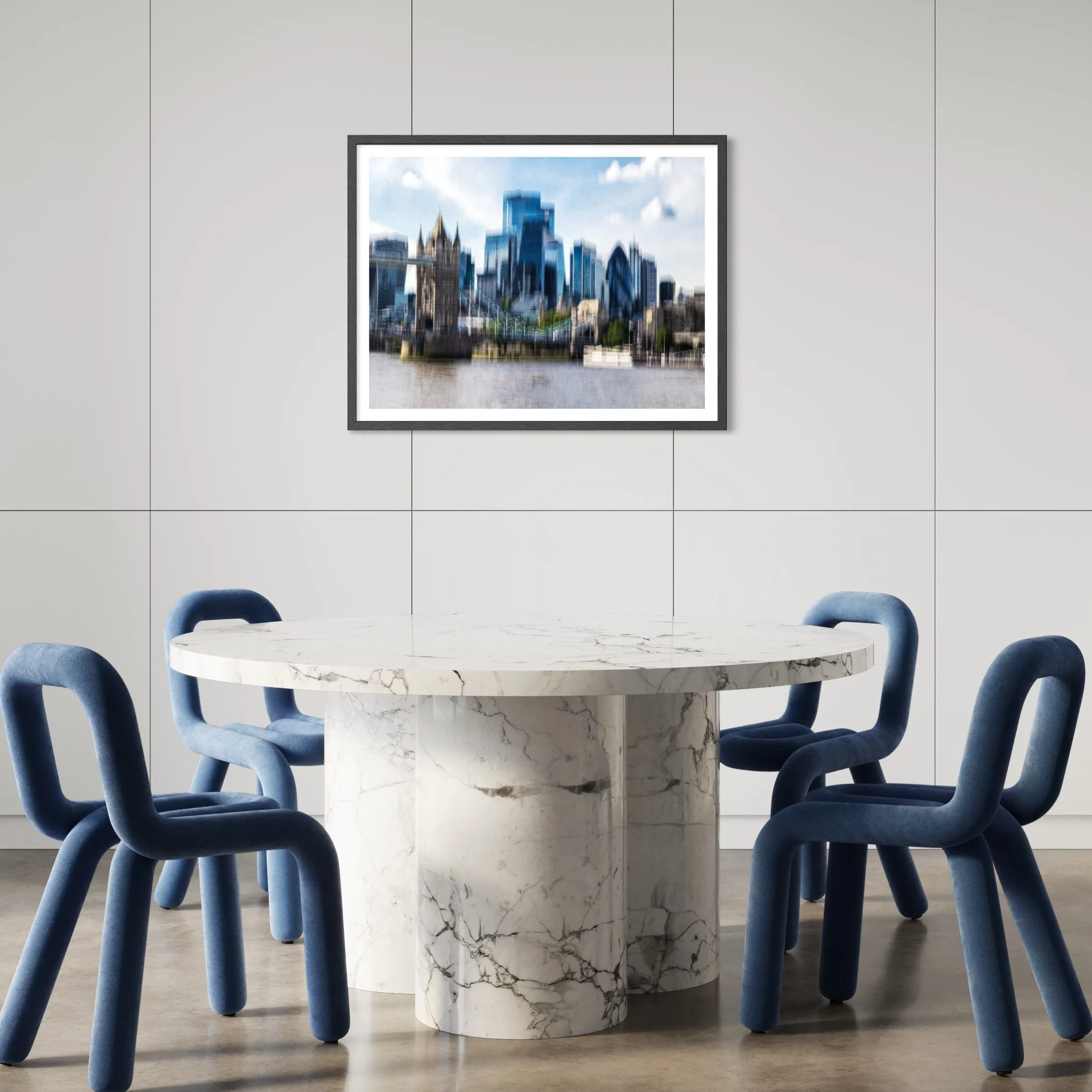 Contemporary London wall art print displayed above a marble dining table with blue upholstered chairs.