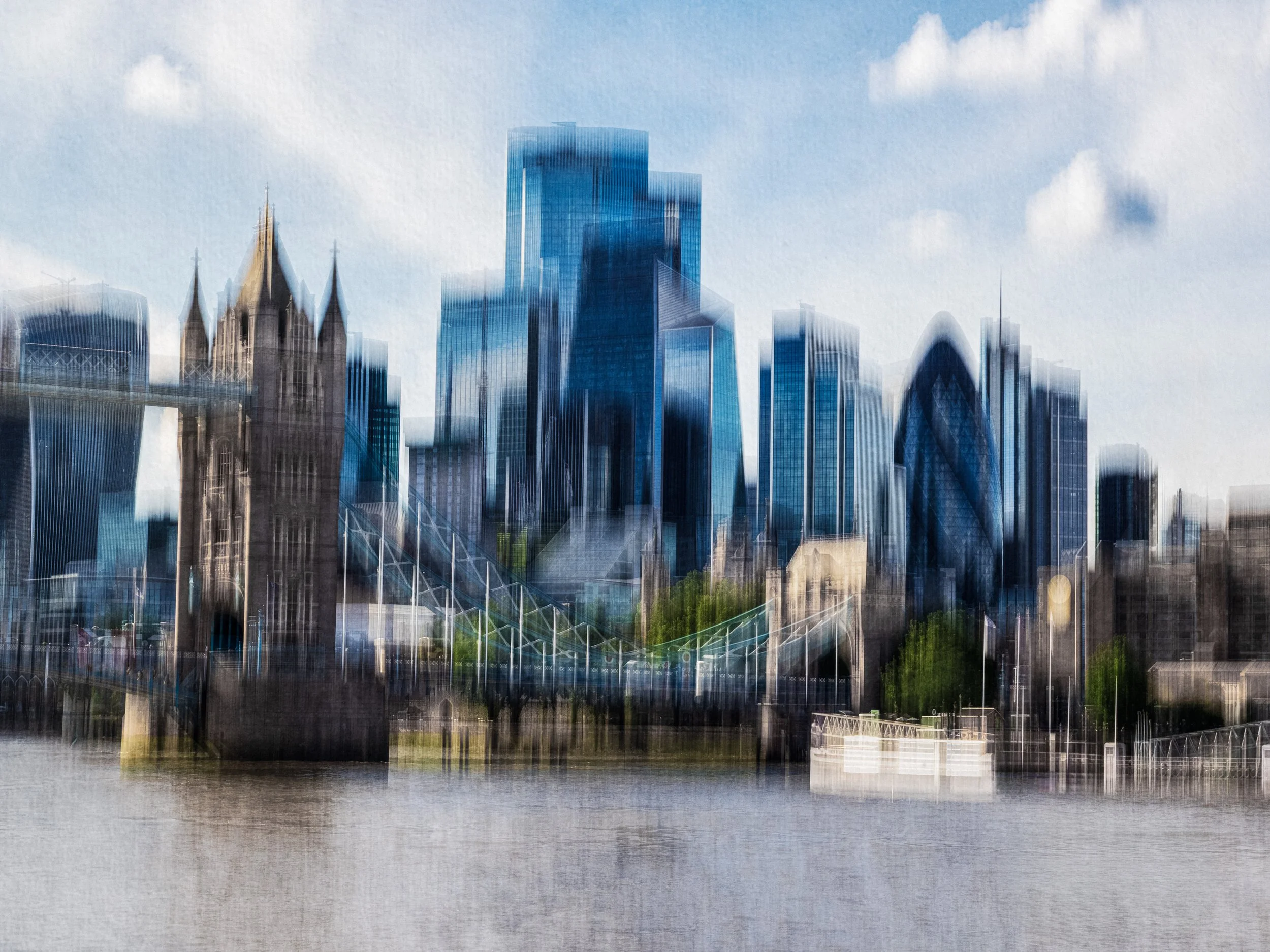 The Past Holding the Future – Abstract ICM photograph of Tower Bridge and London’s modern skyline layered through cool blue tones and vertical movement.