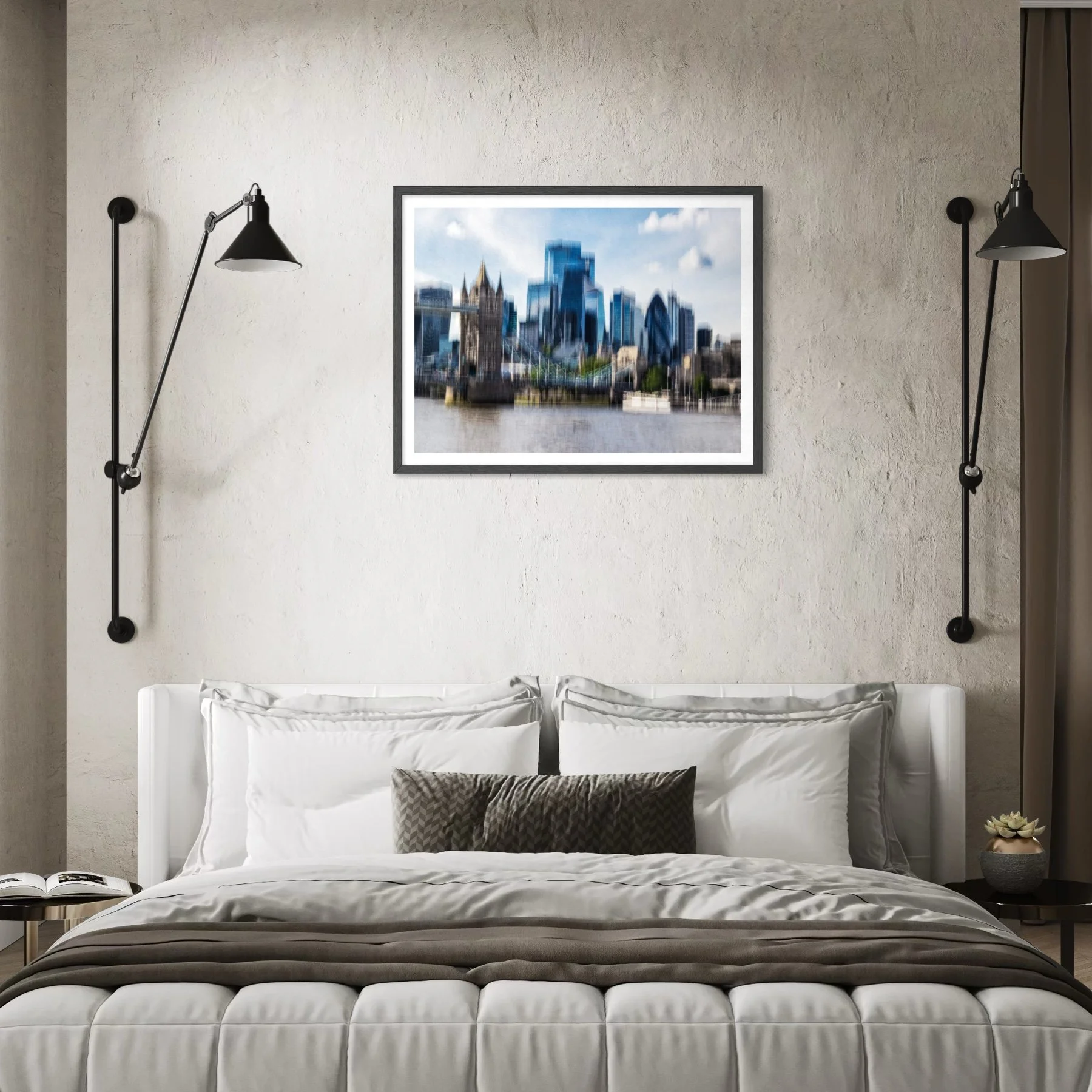 Abstract London wall art print featuring Tower Bridge and the City skyline displayed in a warm neutral bedroom.