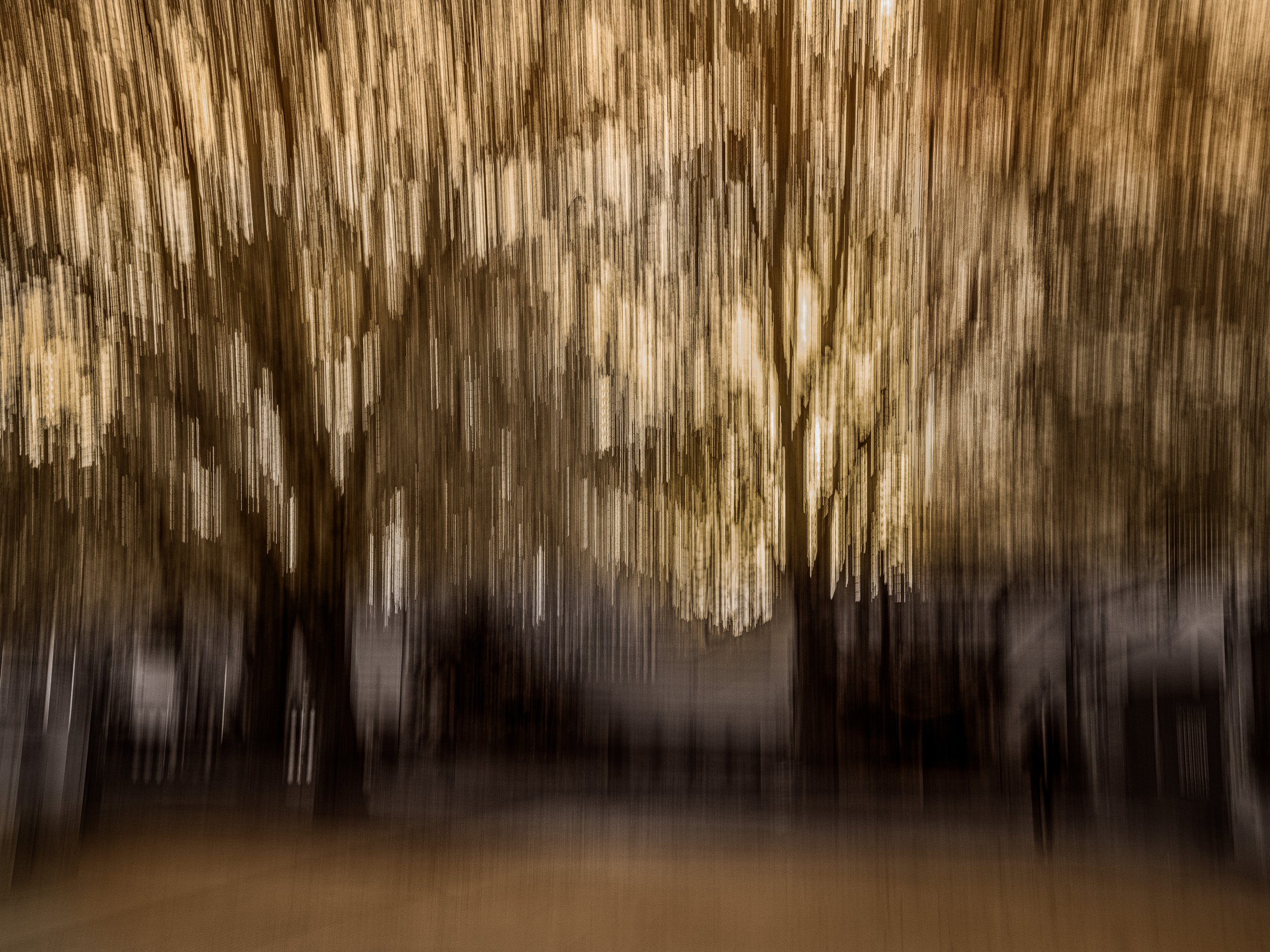 Hidden Corner of Light – Abstract ICM photograph of bronze aurora-like light cascading through tree crowns in a shadowed city corner with a passing figure.