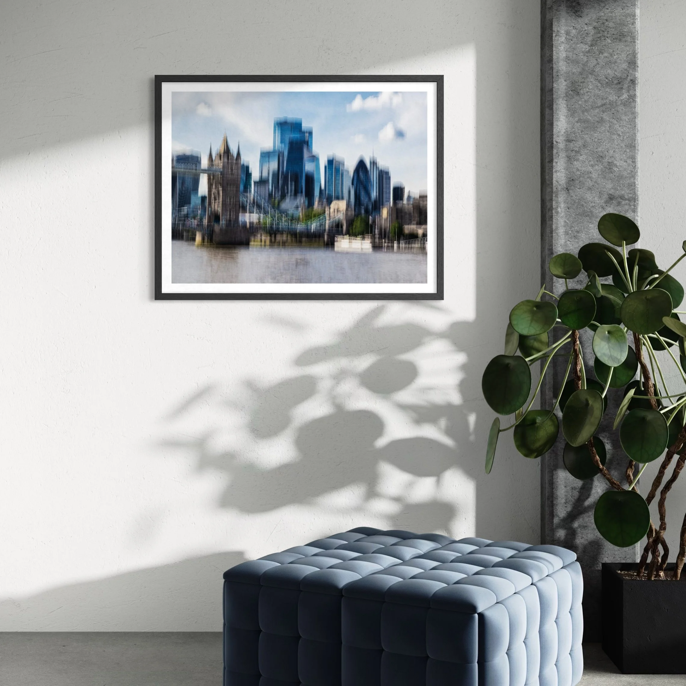 Abstract London fine art photography displayed in a minimalist interior with soft natural light and greenery.