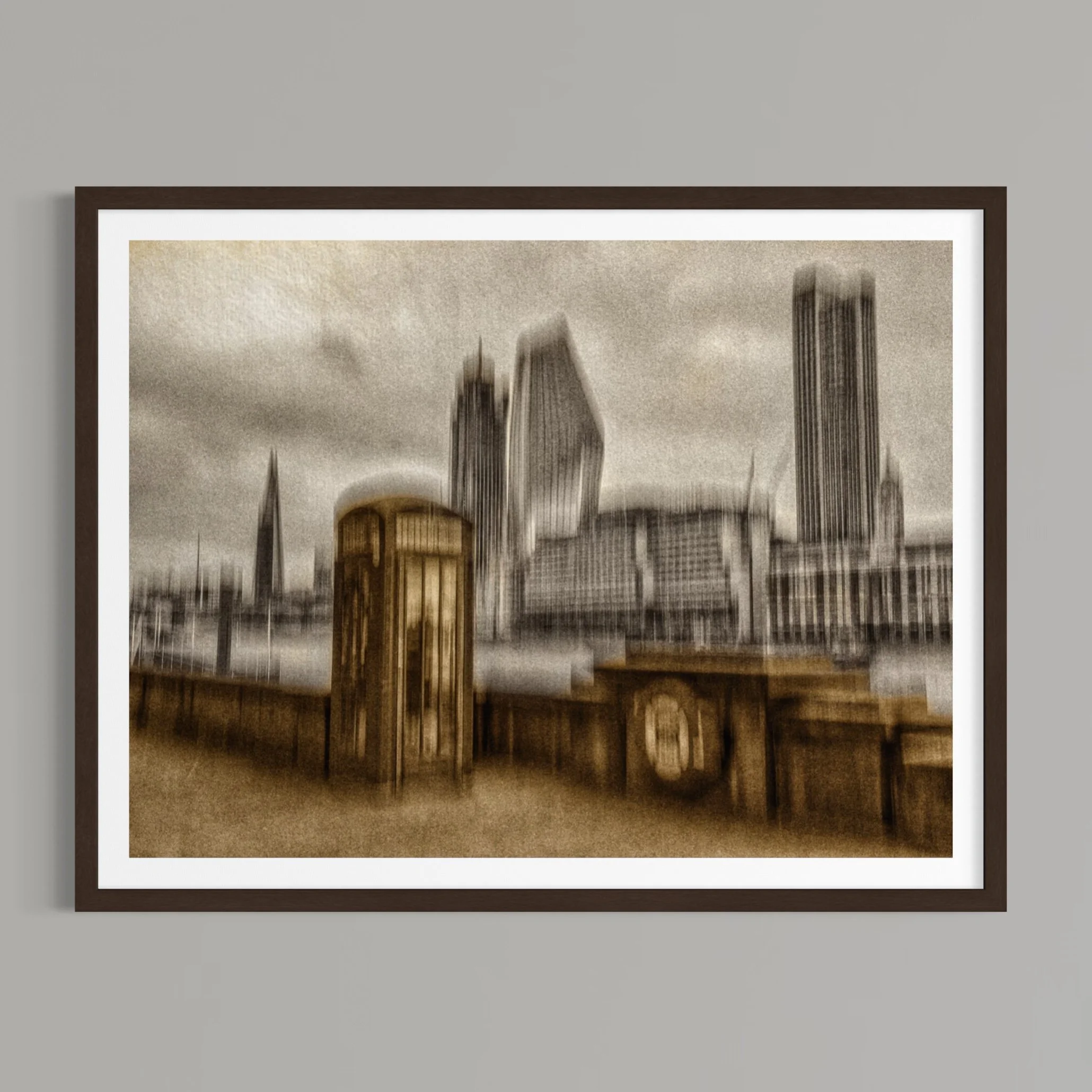 Sand and Grain – Duotone abstract ICM artwork in beige and grey showing a grain-textured cityscape with historic and modern architecture.
