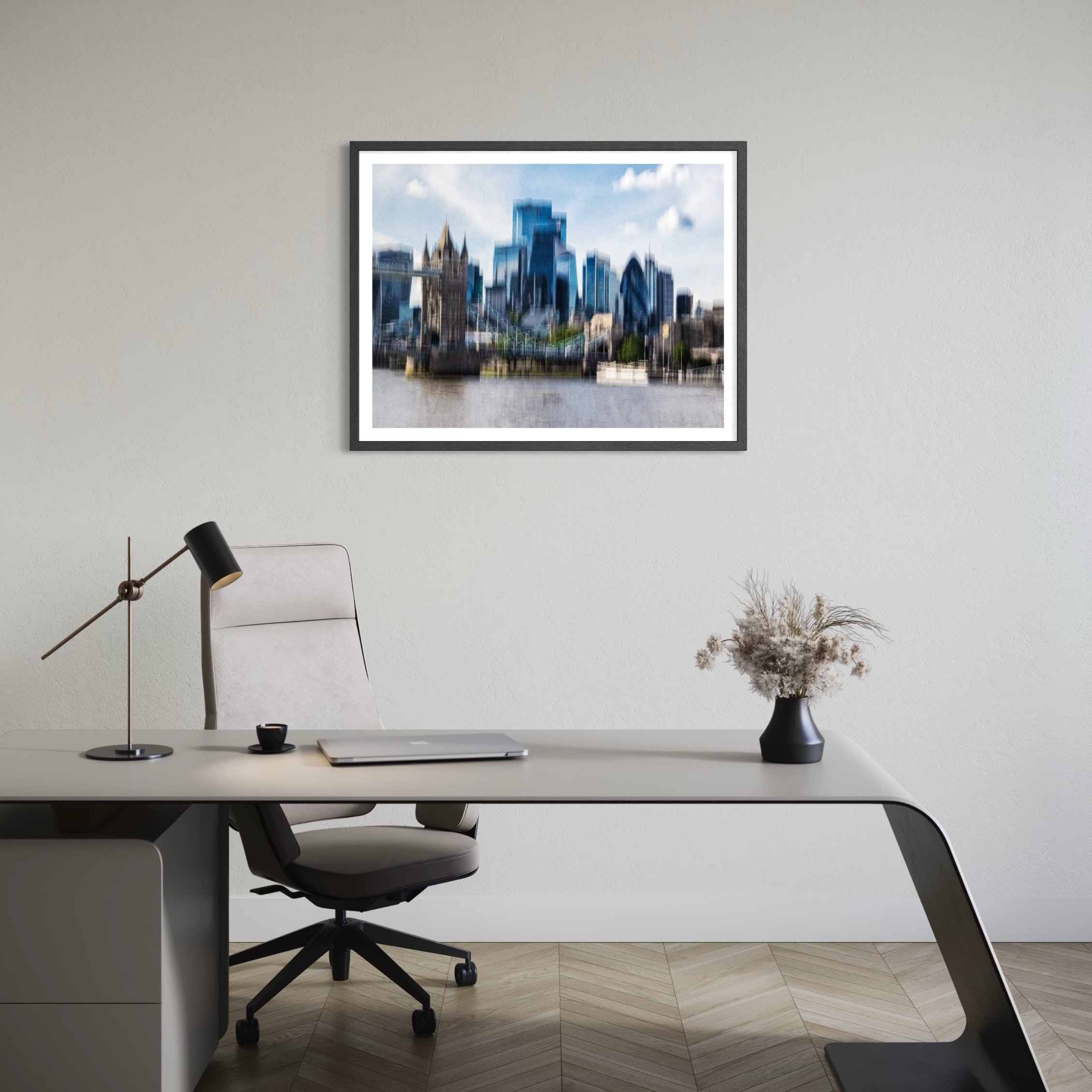 Abstract London photography wall art featuring Tower Bridge and the City skyline in a contemporary home office.