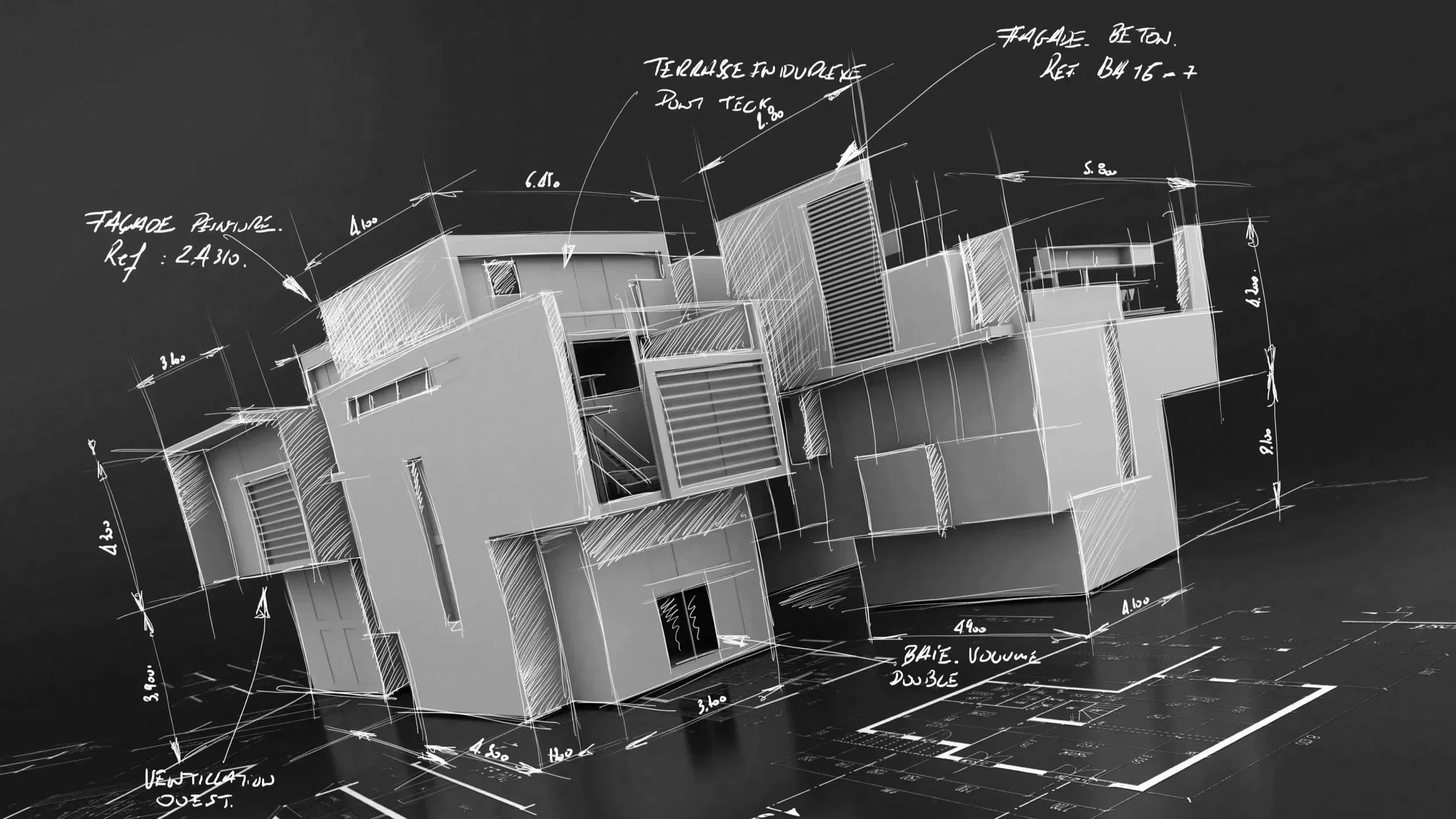 Arkitektonisk skisse av et moderne hus med detaljerte mål og notater