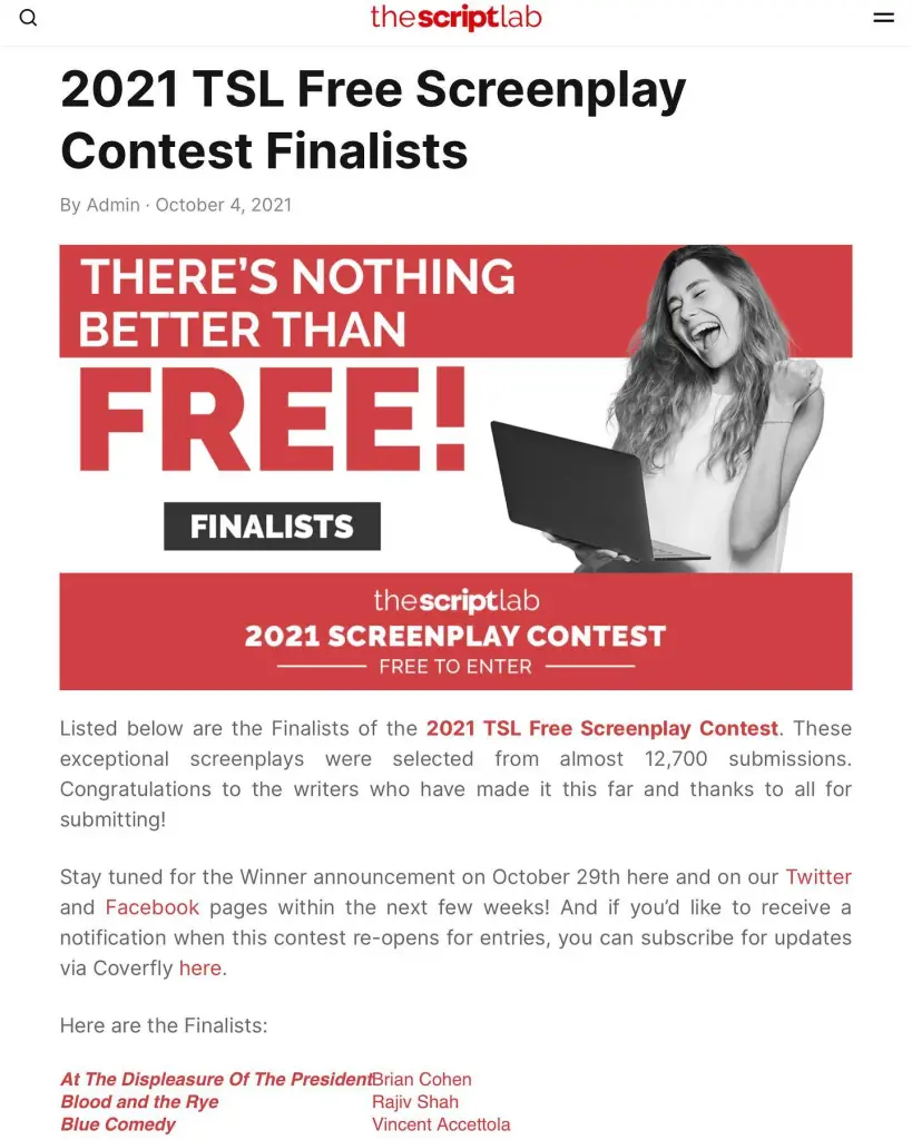 Blood and the Rye is one of the 25 finalists at the The Script Lab Free Screenplay Contest