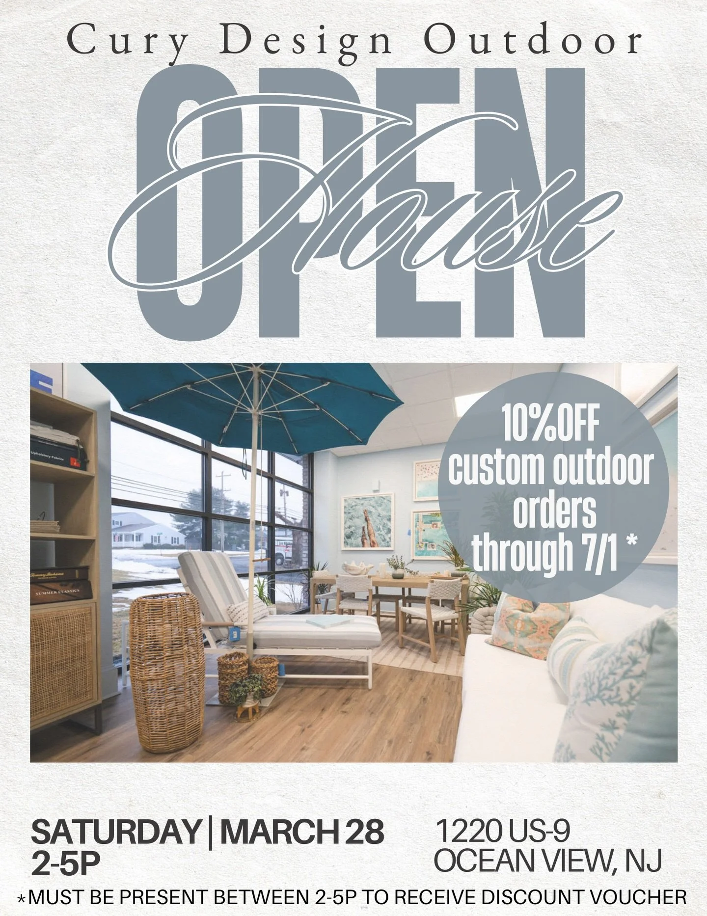 Our last spring Cury Design Outdoor open house is this Saturday (3/28)! And this Saturday only, we&rsquo;ll be offering vouchers for 10% OFF CUSTOM OUTDOOR ORDERS placed through 7/1/26! *Must be present between 2-5p to receive voucher. Now is the tim