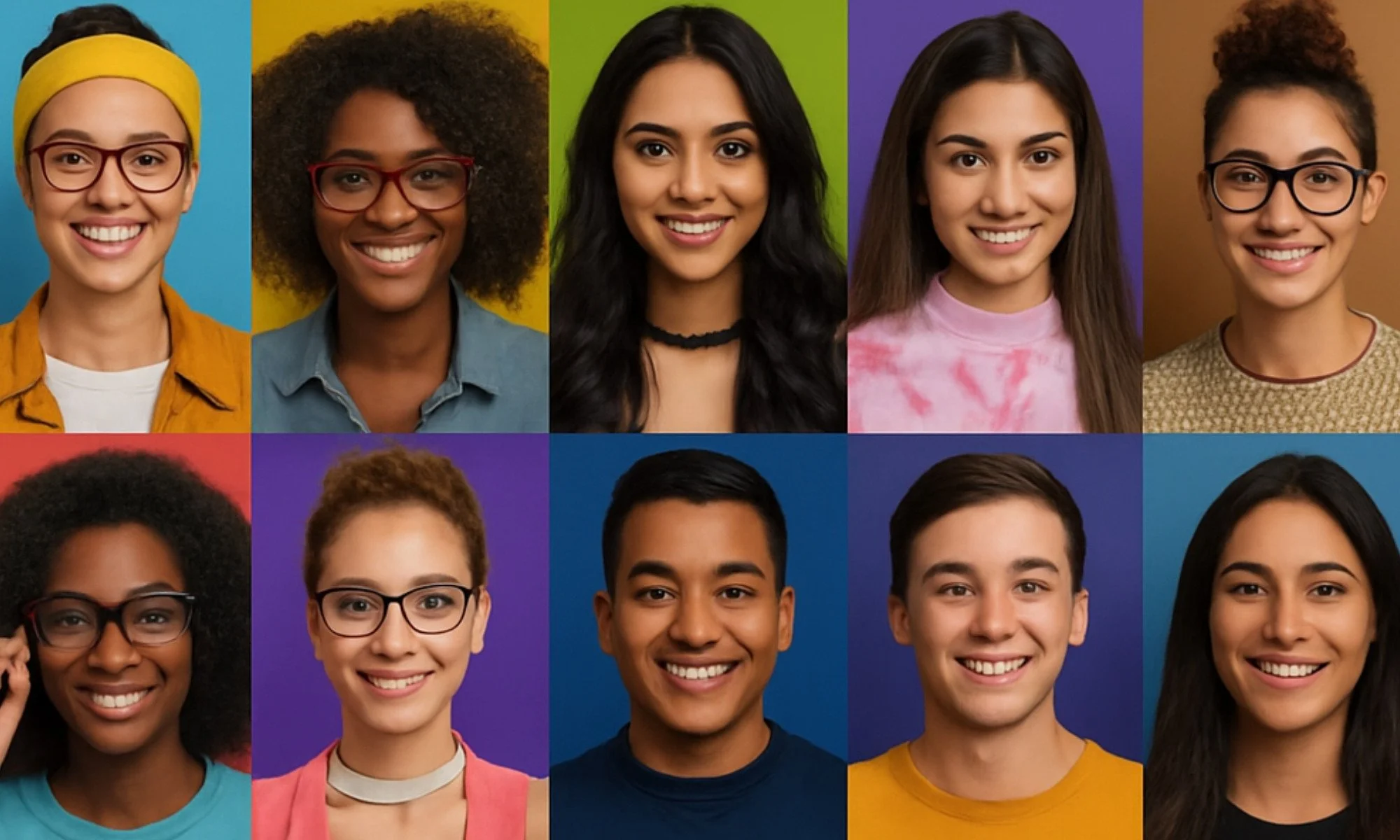 Collage of diverse smiling young people with different hairstyles, glasses, and backgrounds.