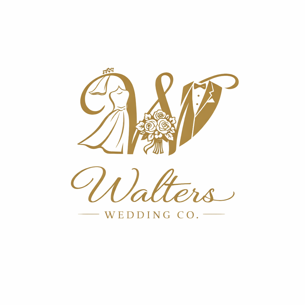 Elegant logo for Walters Wedding Co., featuring a stylized bride and groom silhouette, a bouquet of roses, and sophisticated script text.