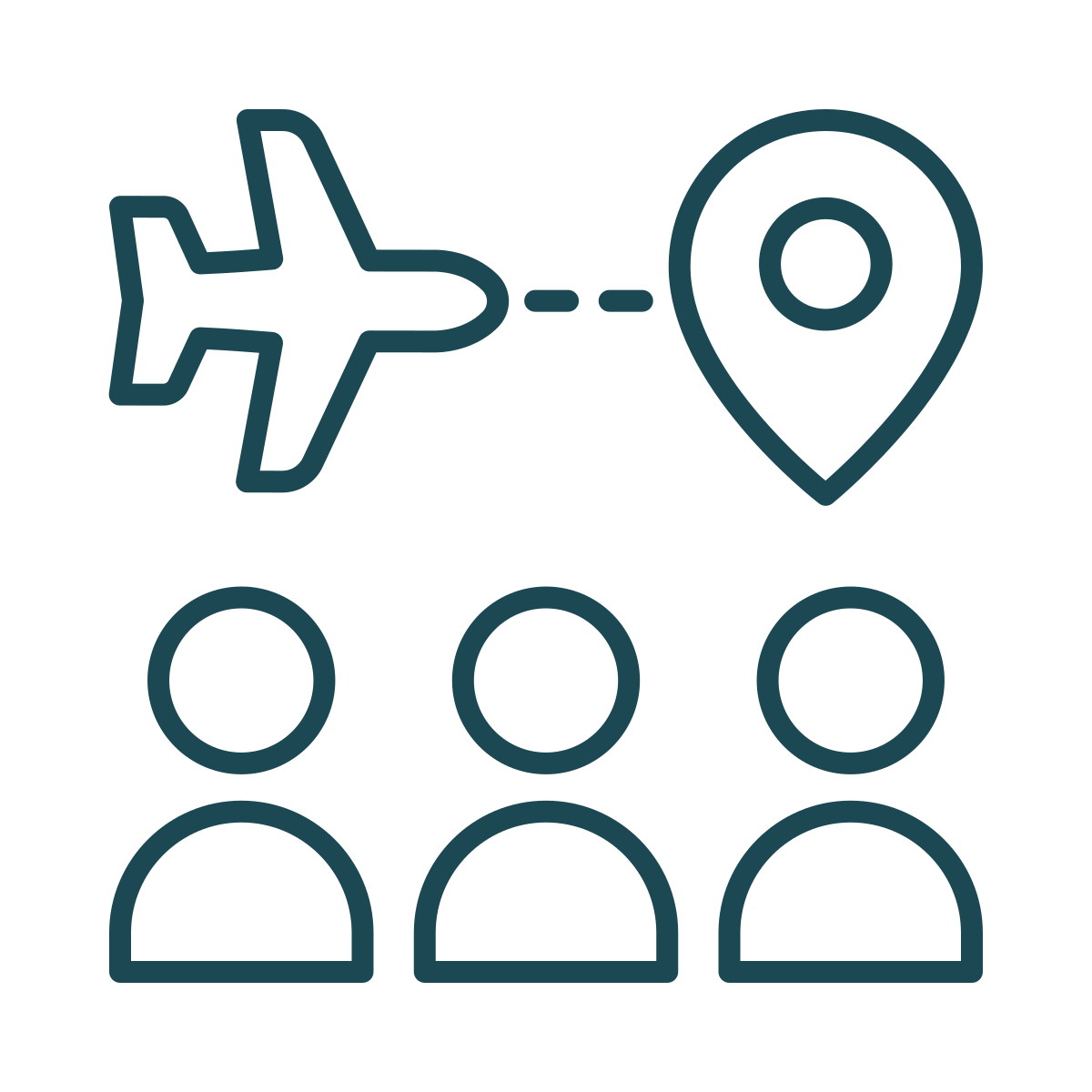 Illustration of an airplane flying towards a location pin with three people icons below, representing travel or tourism concept.