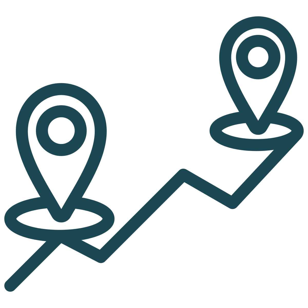 Two location pins connected by a zigzag line, symbolizing a journey or path, on a white background.
