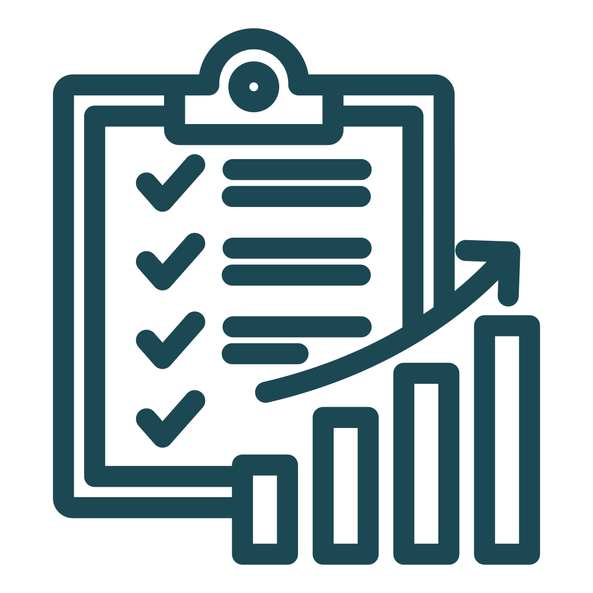 Icon of a clipboard with a checklist and a rising bar graph, symbolizing productivity or progress.
