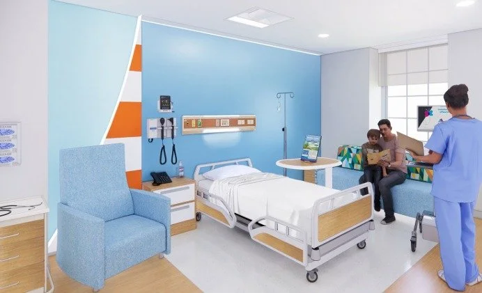 Hospital room with a hospital bed, nurse with stethoscope, and two patients sitting on a bench, one holding a book.