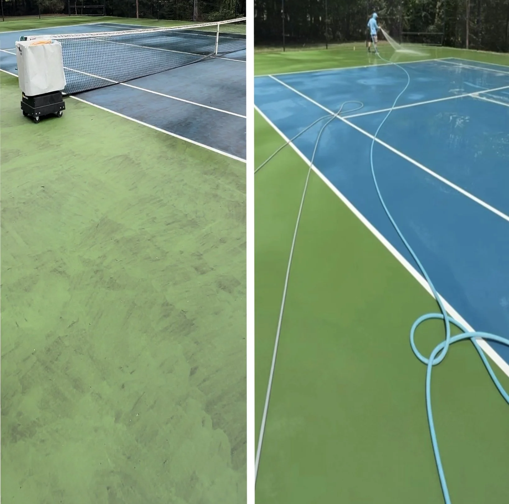 Side-by-side comparison of two tennis courts, with the left court dirty and the right court being cleaned with a hose.