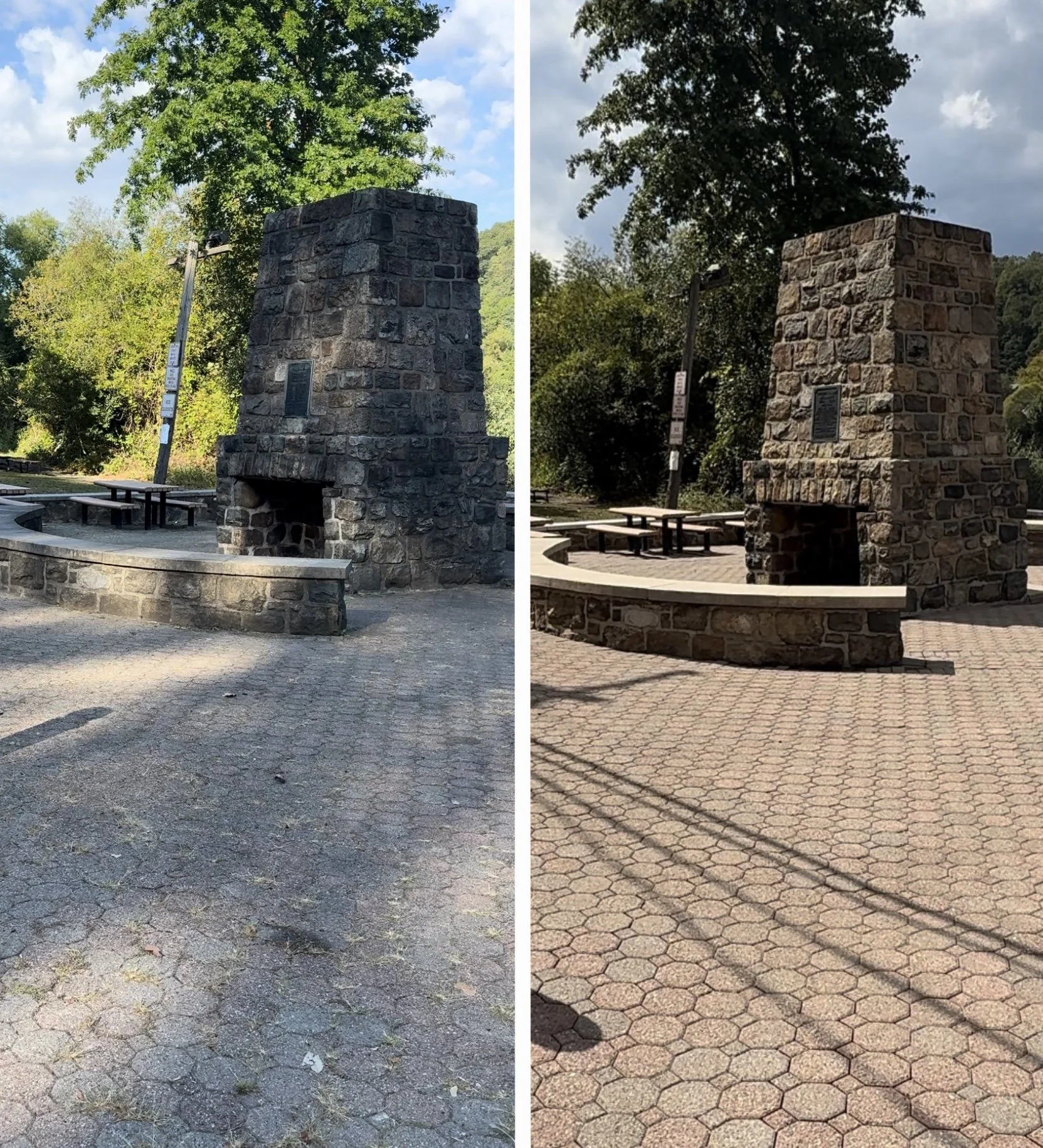 Burnham Park in Morristown, NJ paver cleaning, re-sanding and fireplace feature cleaning