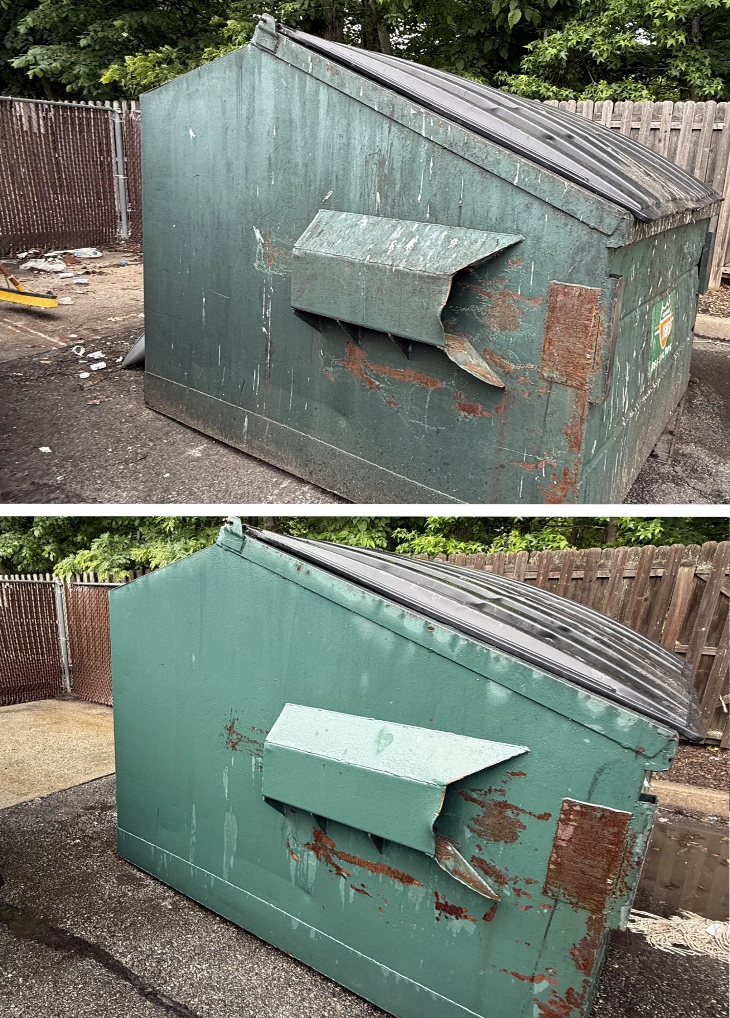 Comparison of a large green metal dumpster before and after cleaning, showing rust and dirt removal.