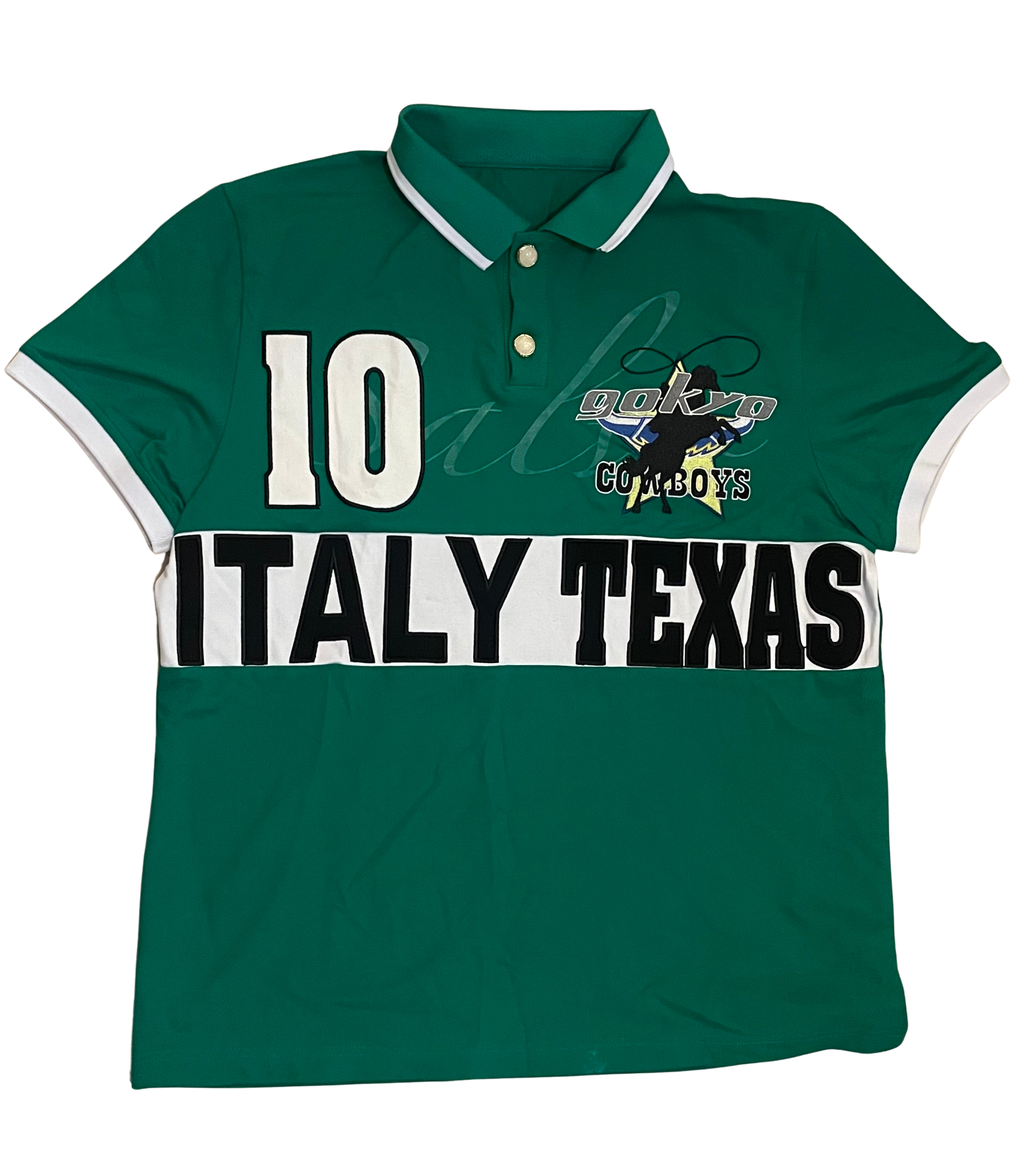 Green polo shirt with white and black accents, featuring the number 10, the words Italy Texas, a logo with a bull, and the text 'gokyo Cowboys.'