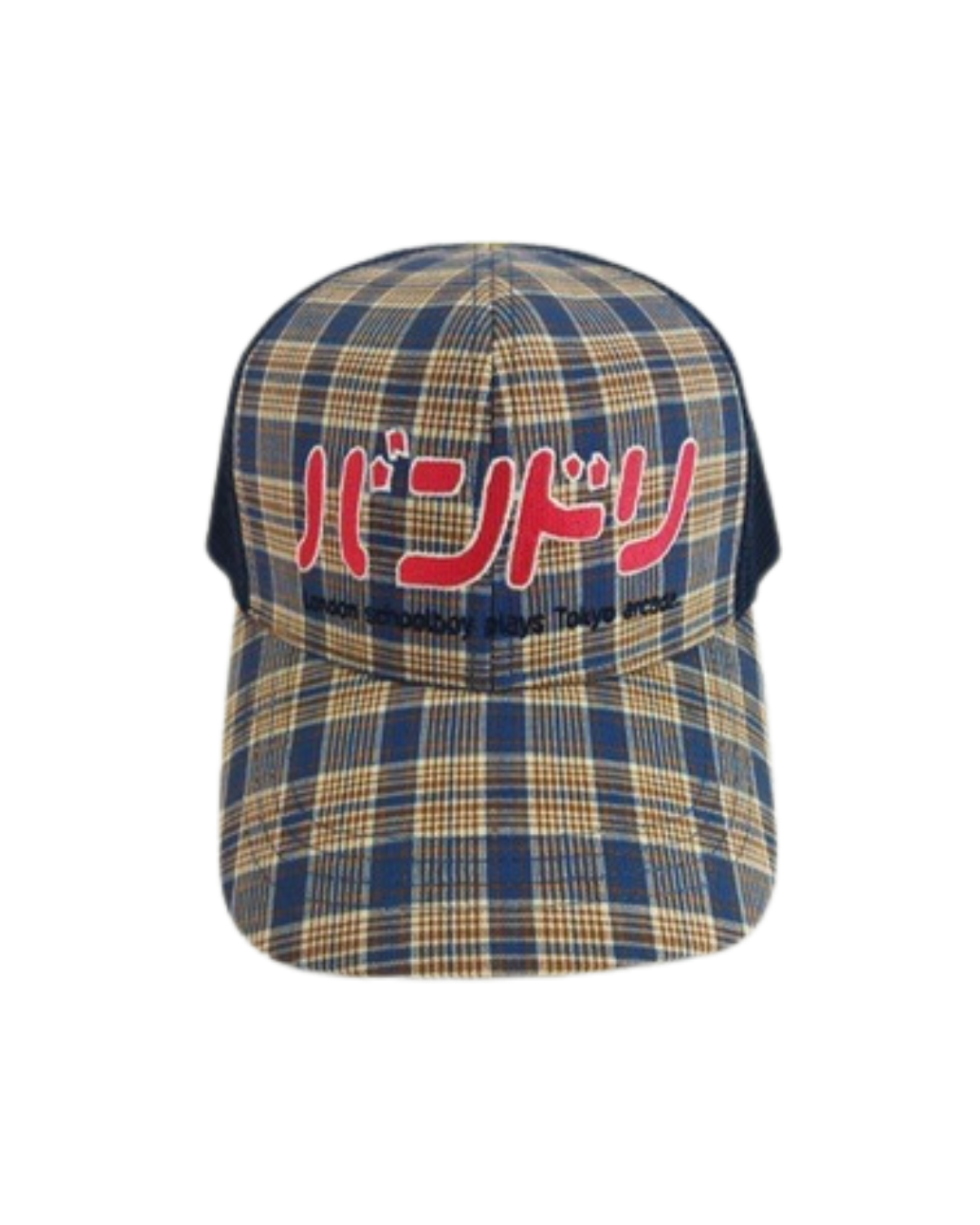 A plaid baseball cap with red Japanese characters and black English text that reads 'Bandai' and 'Tokyo brand.'